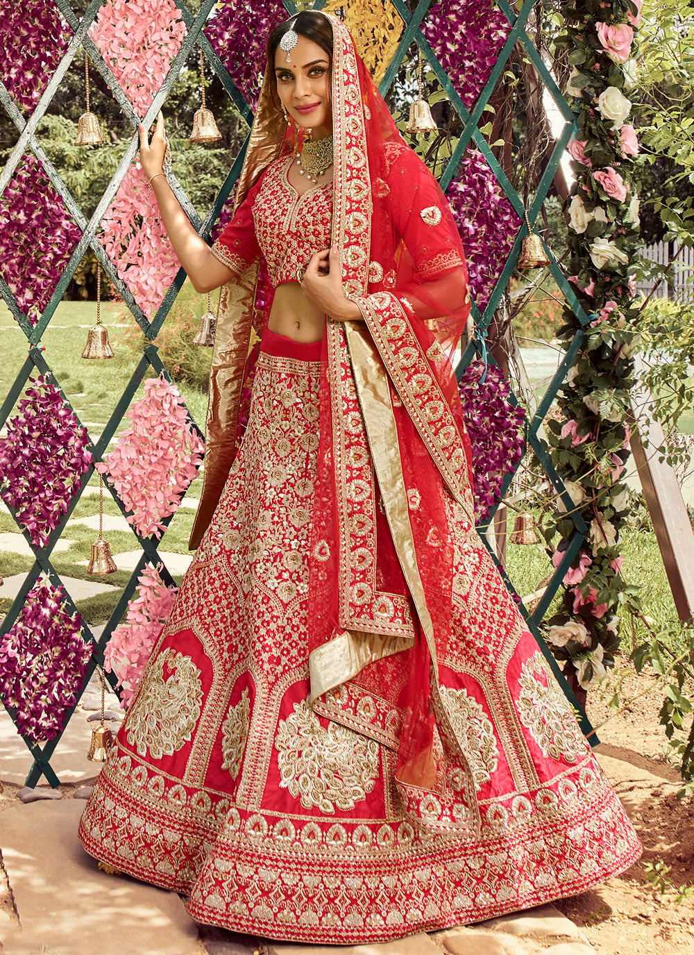 Red Embroidered Silk Semi Stitched Lehenga