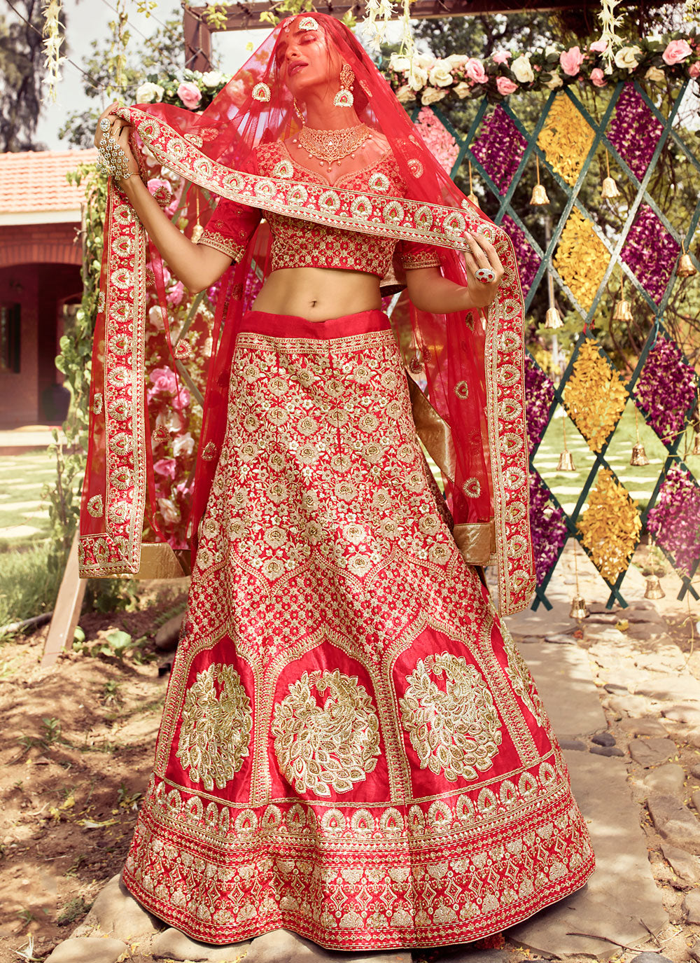 Red Embroidered Silk Semi Stitched Lehenga