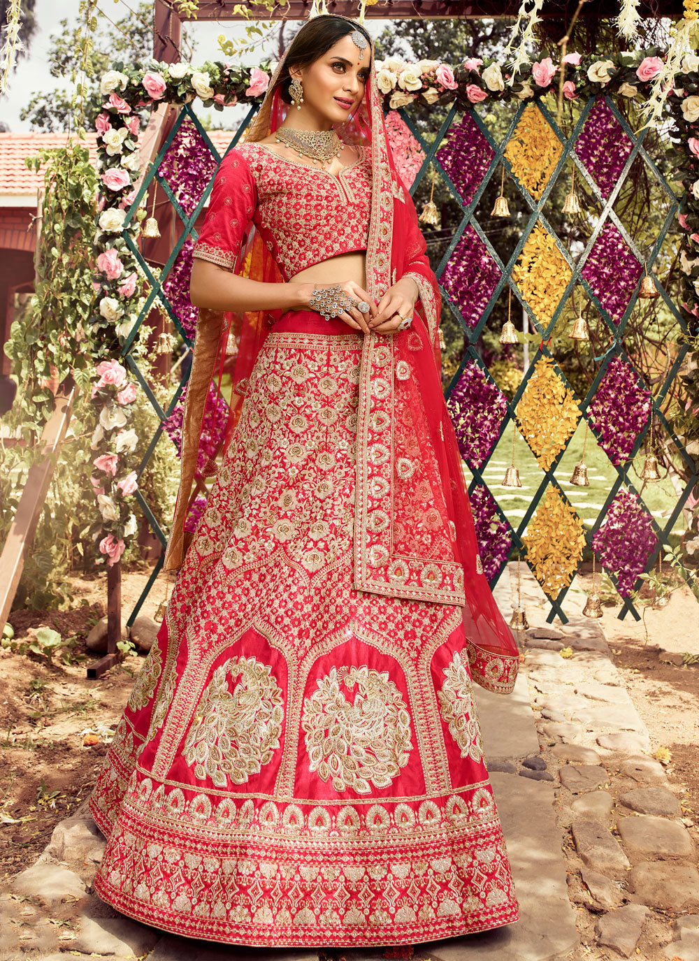 Red Embroidered Silk Semi Stitched Lehenga