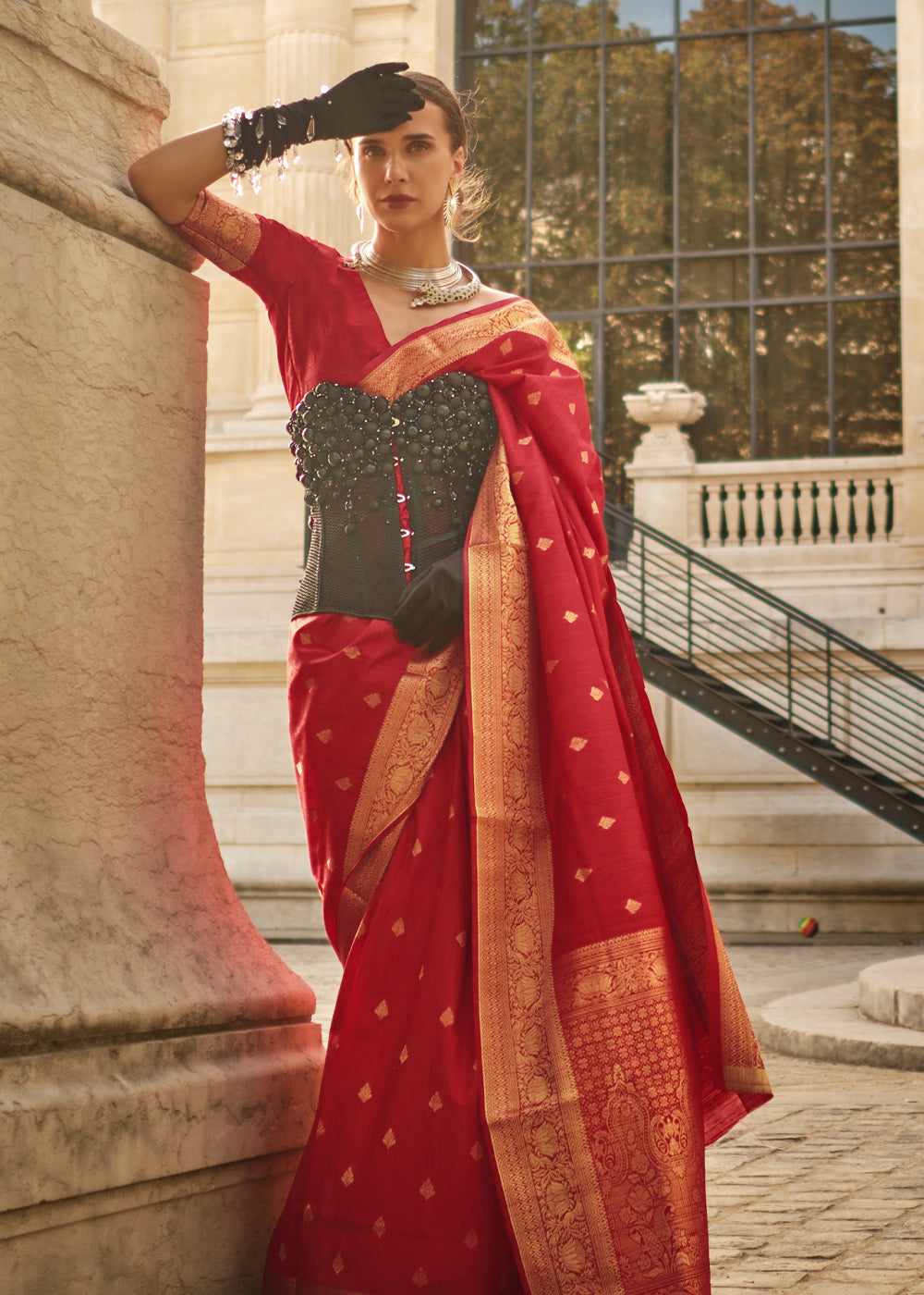 Red Regal Banarasi Blended Silk Saree with Intricate Timeless Design & Unstitched Blouse