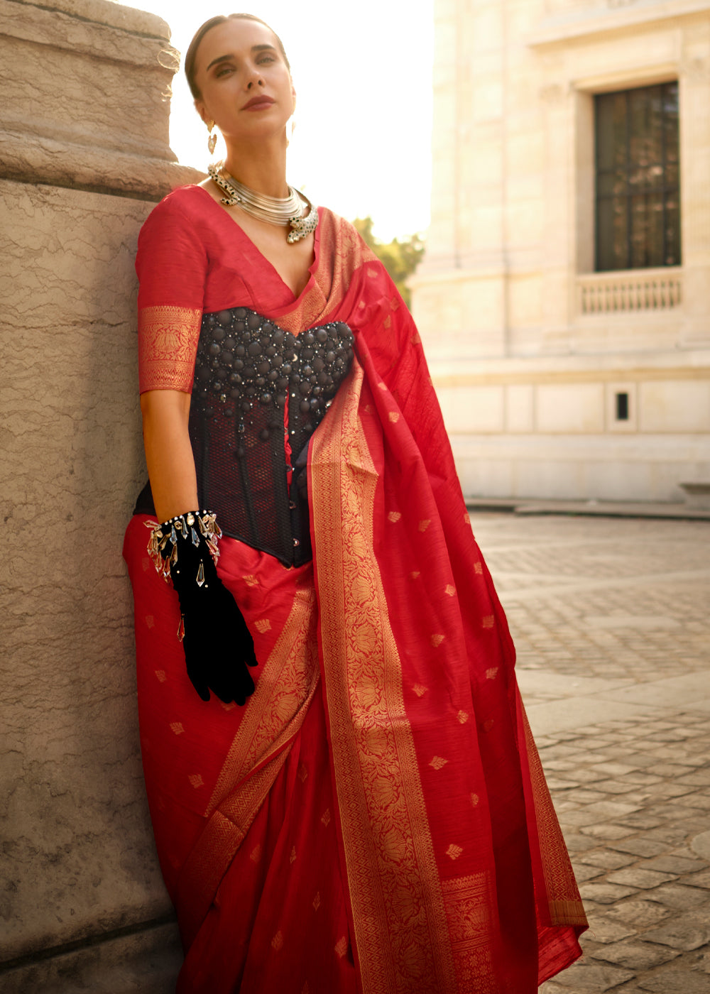 Red Regal Banarasi Blended Silk Saree with Intricate Timeless Design & Unstitched Blouse
