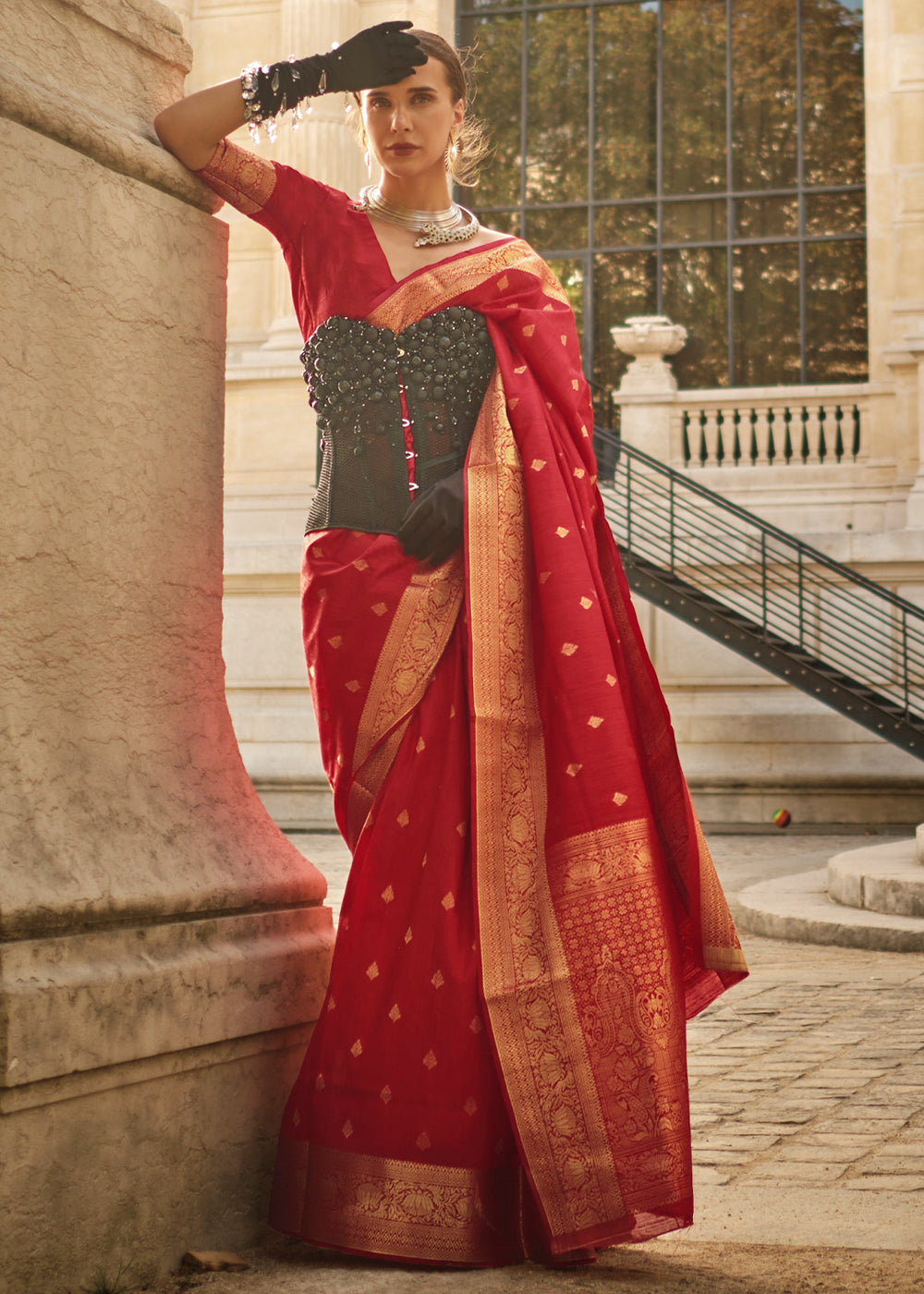 Red Regal Banarasi Blended Silk Saree with Intricate Timeless Design & Unstitched Blouse