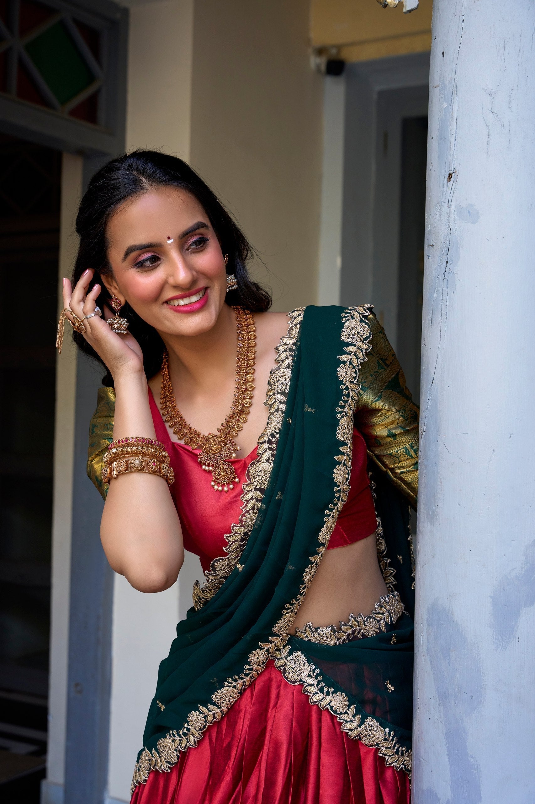 Red Royal Narayan Pattu Zari Weaving Lehenga Set