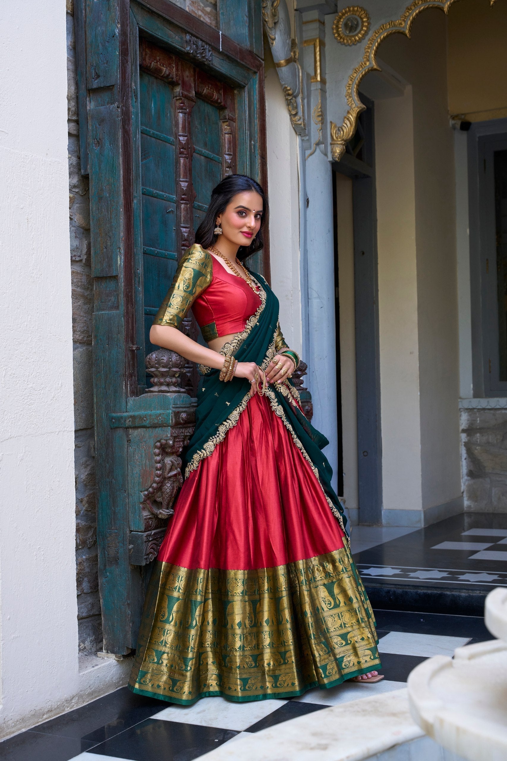 Red Royal Narayan Pattu Zari Weaving Lehenga Set