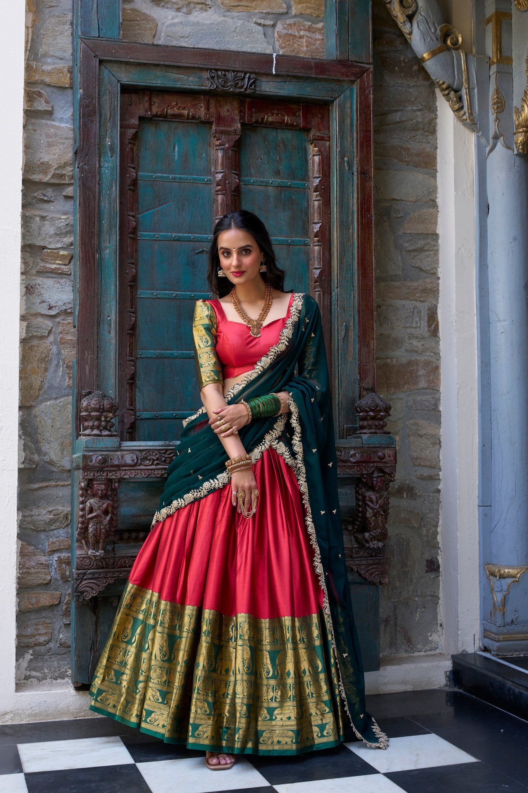 Red Royal Narayan Pattu Zari Weaving Lehenga Set