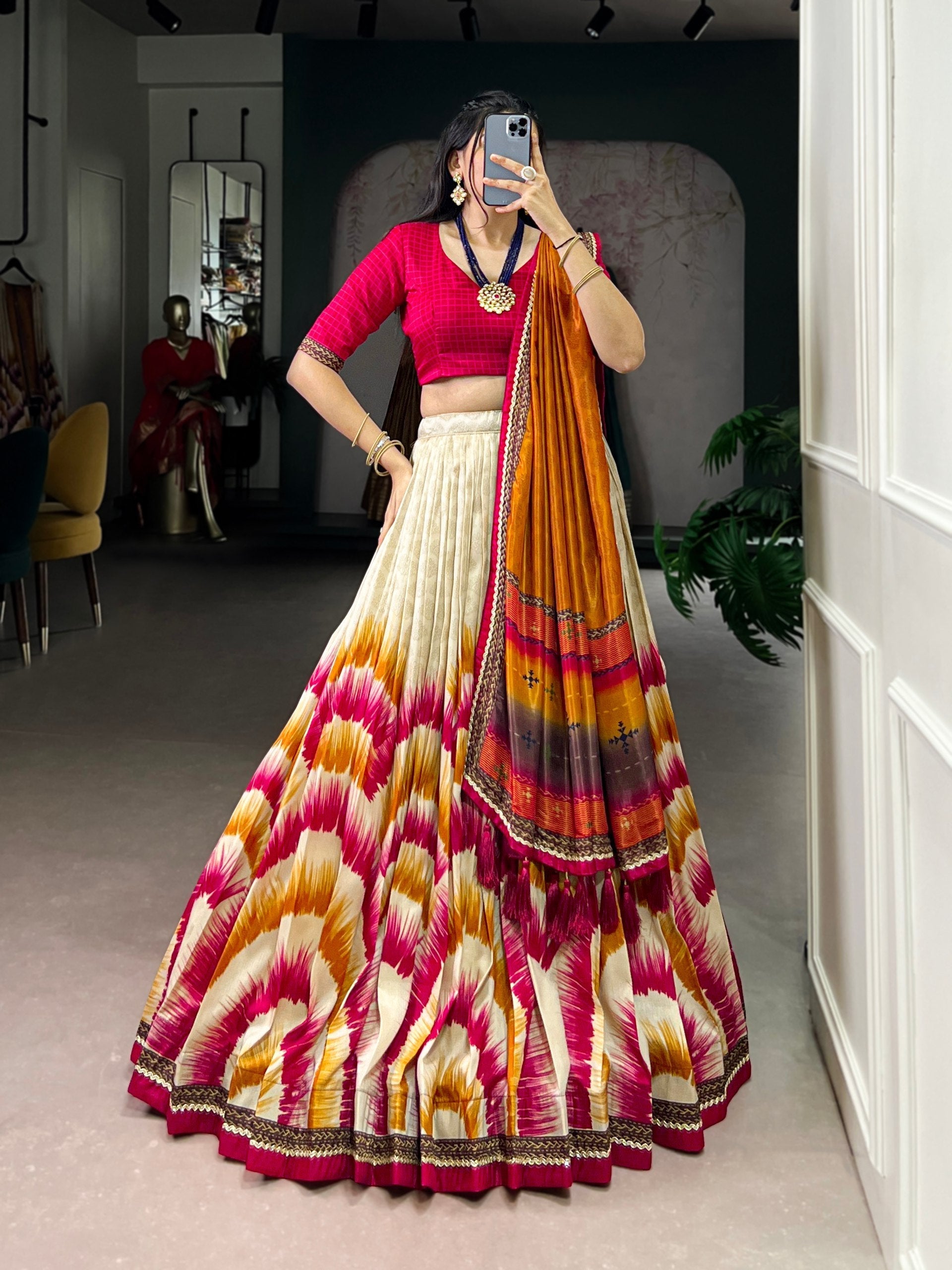 Red Royal Tie‑Dye Dream Lehenga Set – Handcrafted Tasar Silk with Lace & Tassel Dupatta