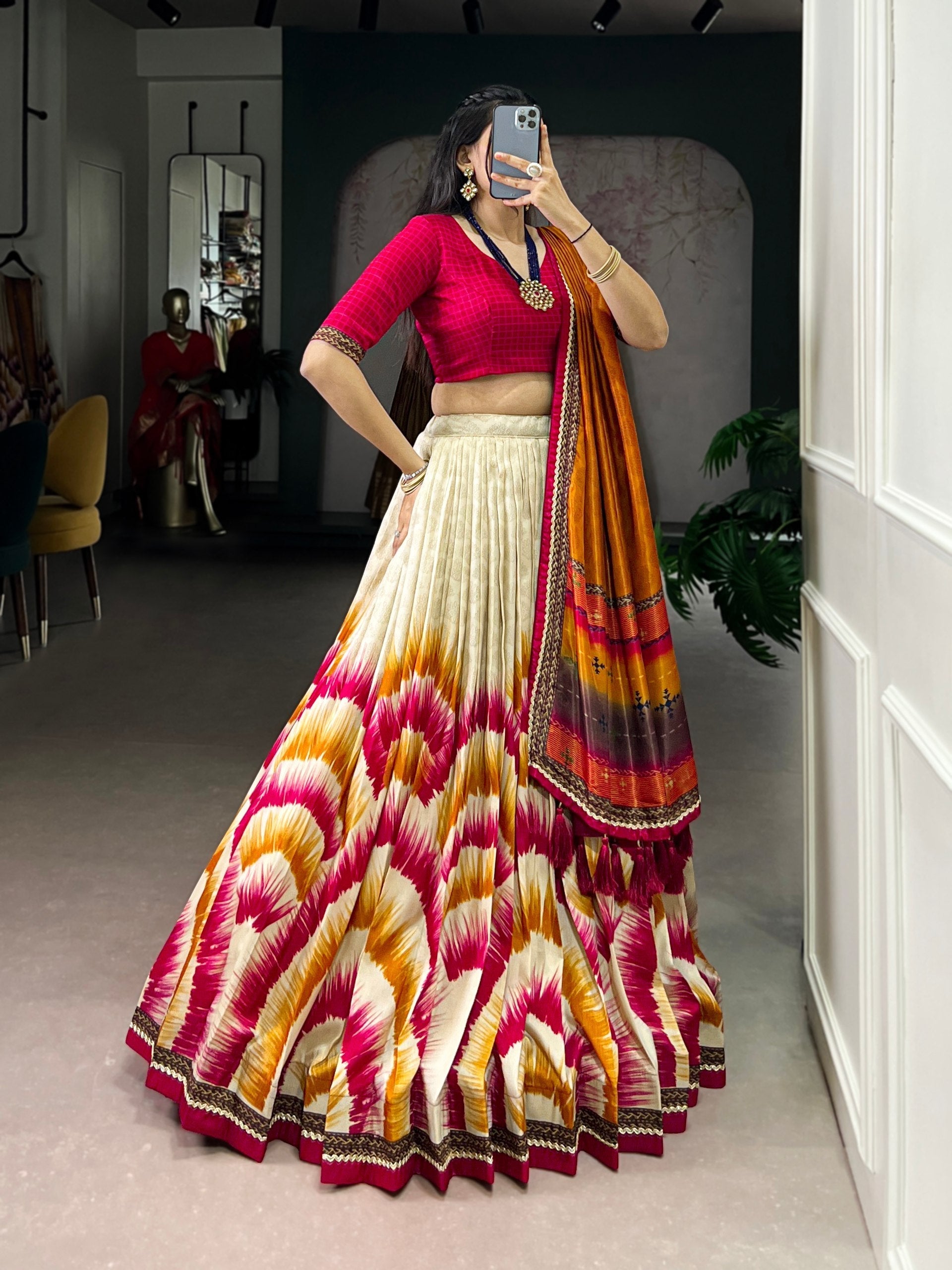 Red Royal Tie‑Dye Dream Lehenga Set – Handcrafted Tasar Silk with Lace & Tassel Dupatta