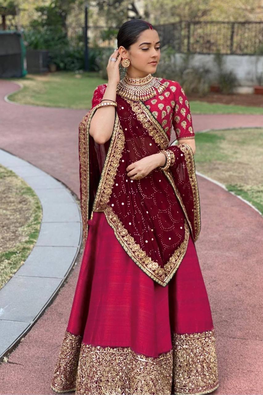 Red Satin Georgette Lehenga Set with Zari & Sequins Work Unstitched Blouse & Dupatta Included