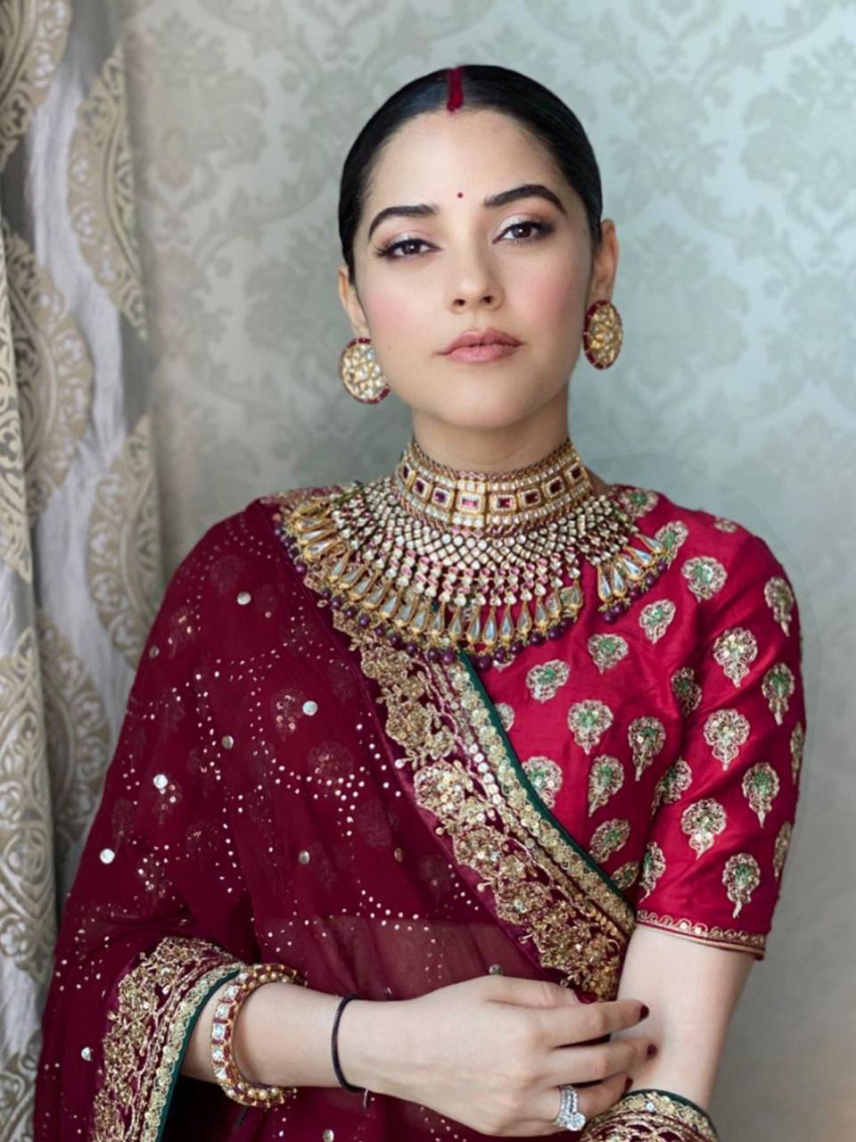 Red Satin Georgette Lehenga Set with Zari & Sequins Work Unstitched Blouse & Dupatta Included