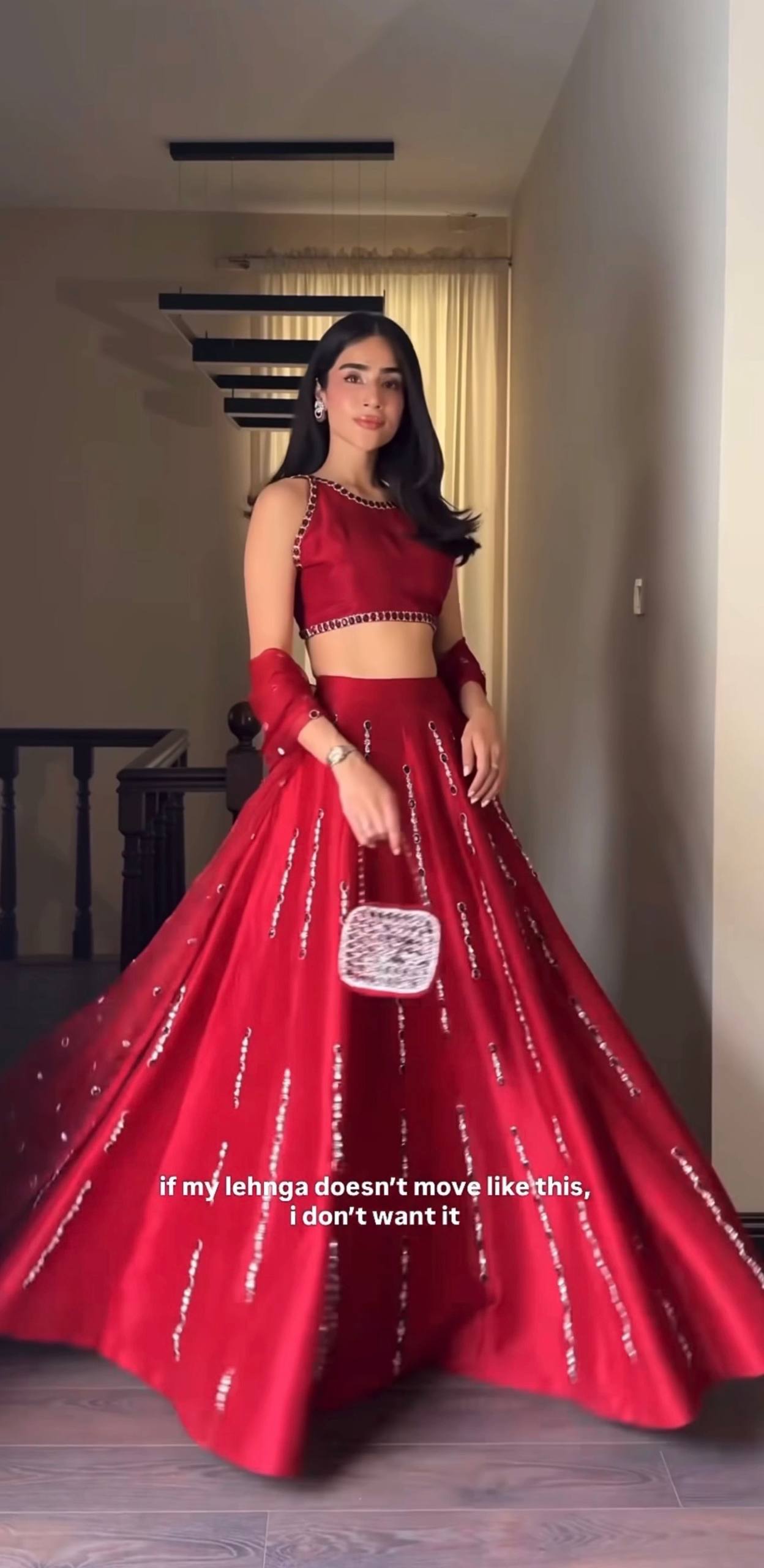 Red Satin Silk Mirror Work Lehenga
