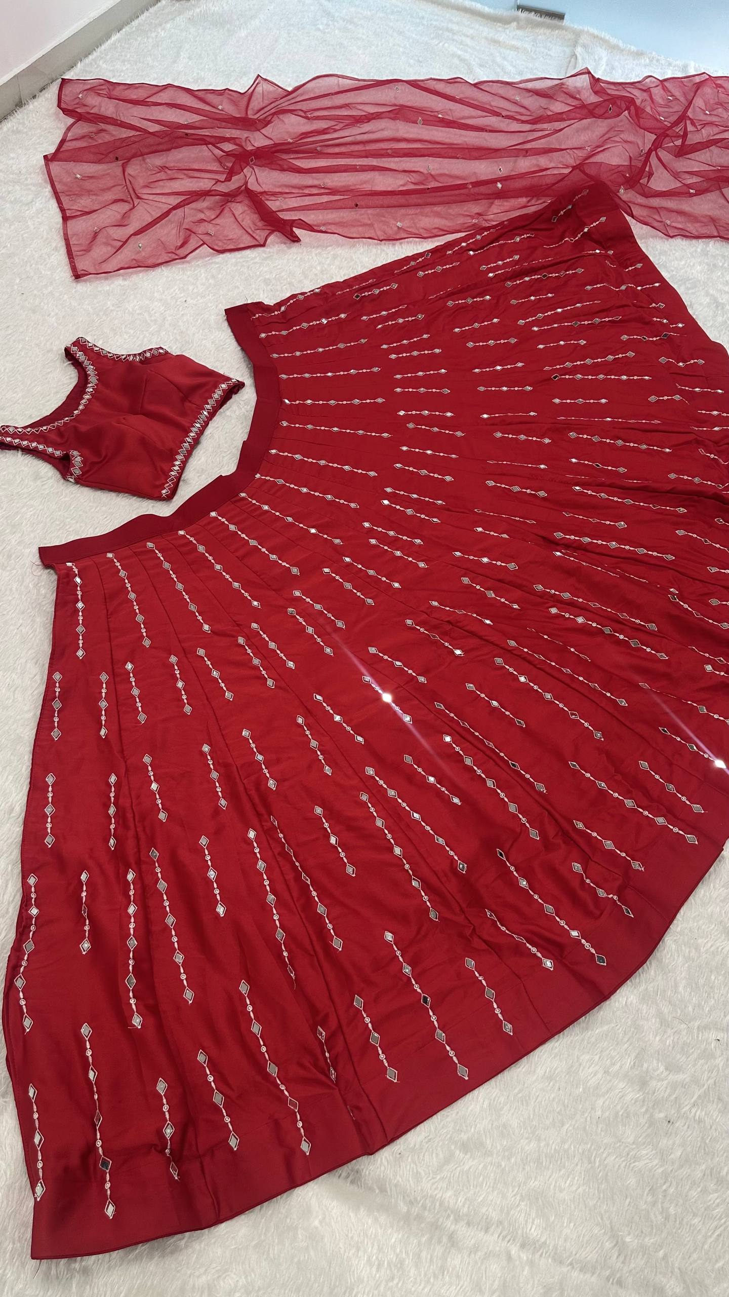 Red Satin Silk Mirror Work Lehenga
