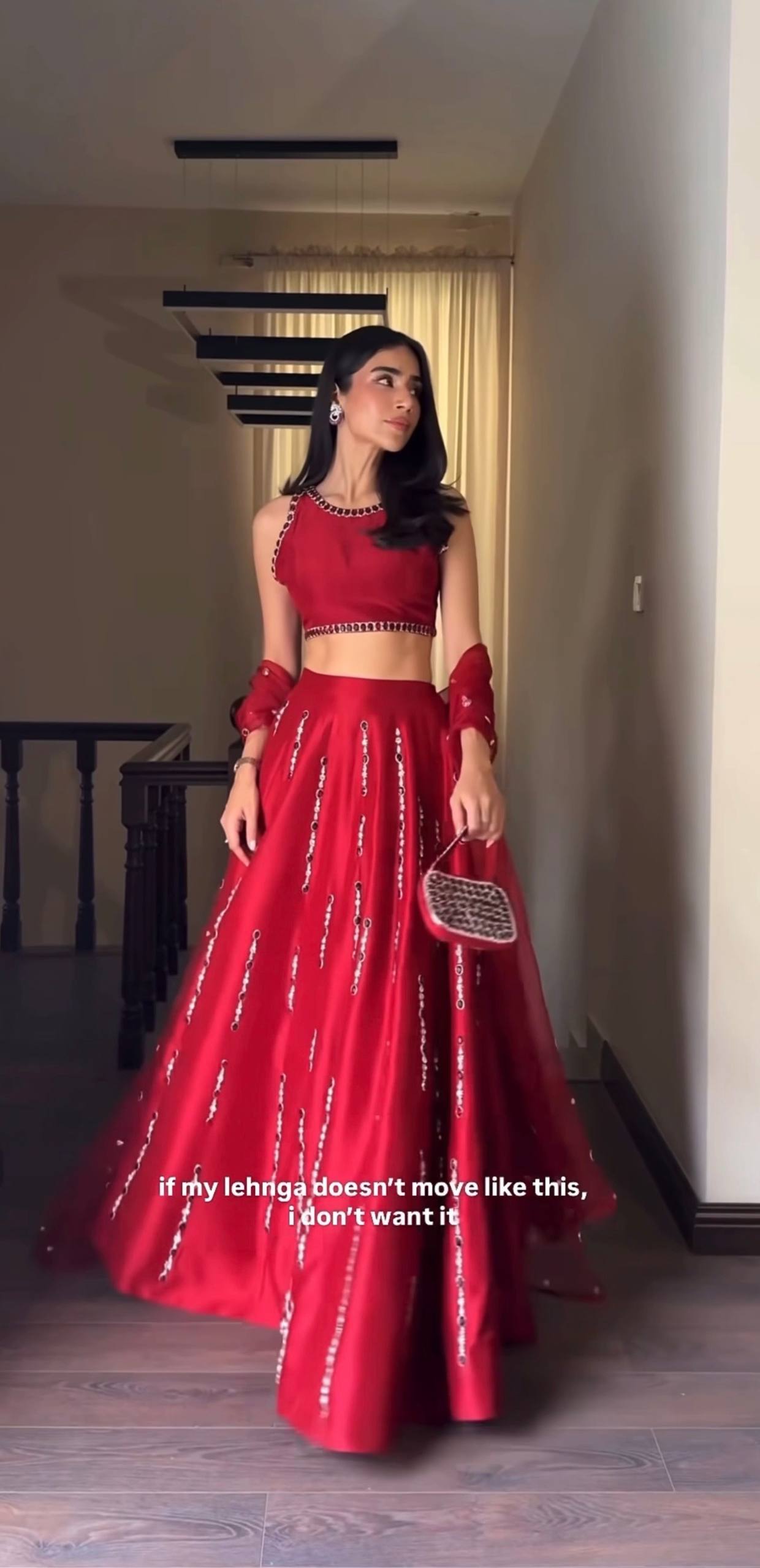 Red Satin Silk Mirror Work Lehenga