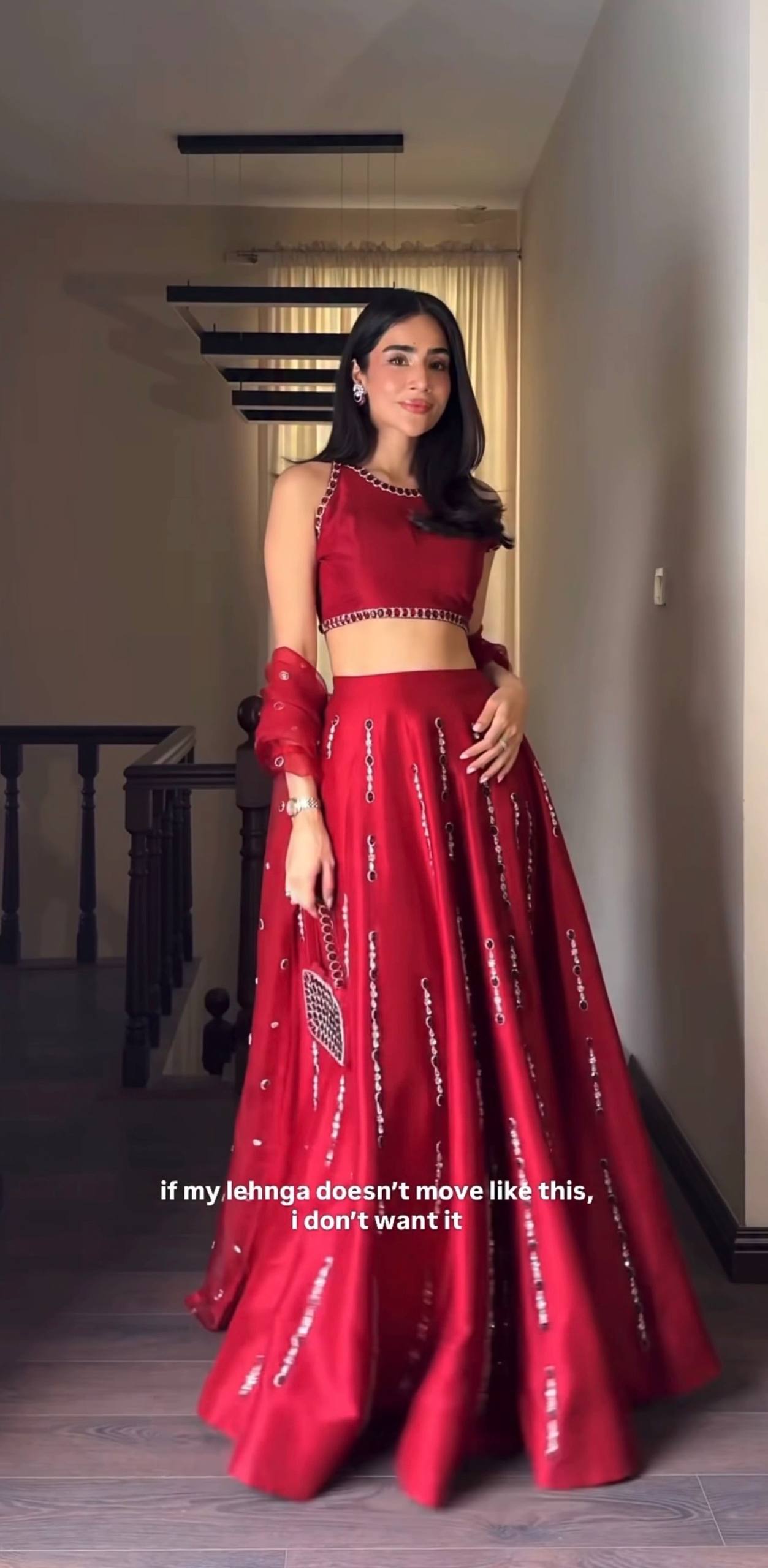 Red Satin Silk Mirror Work Lehenga