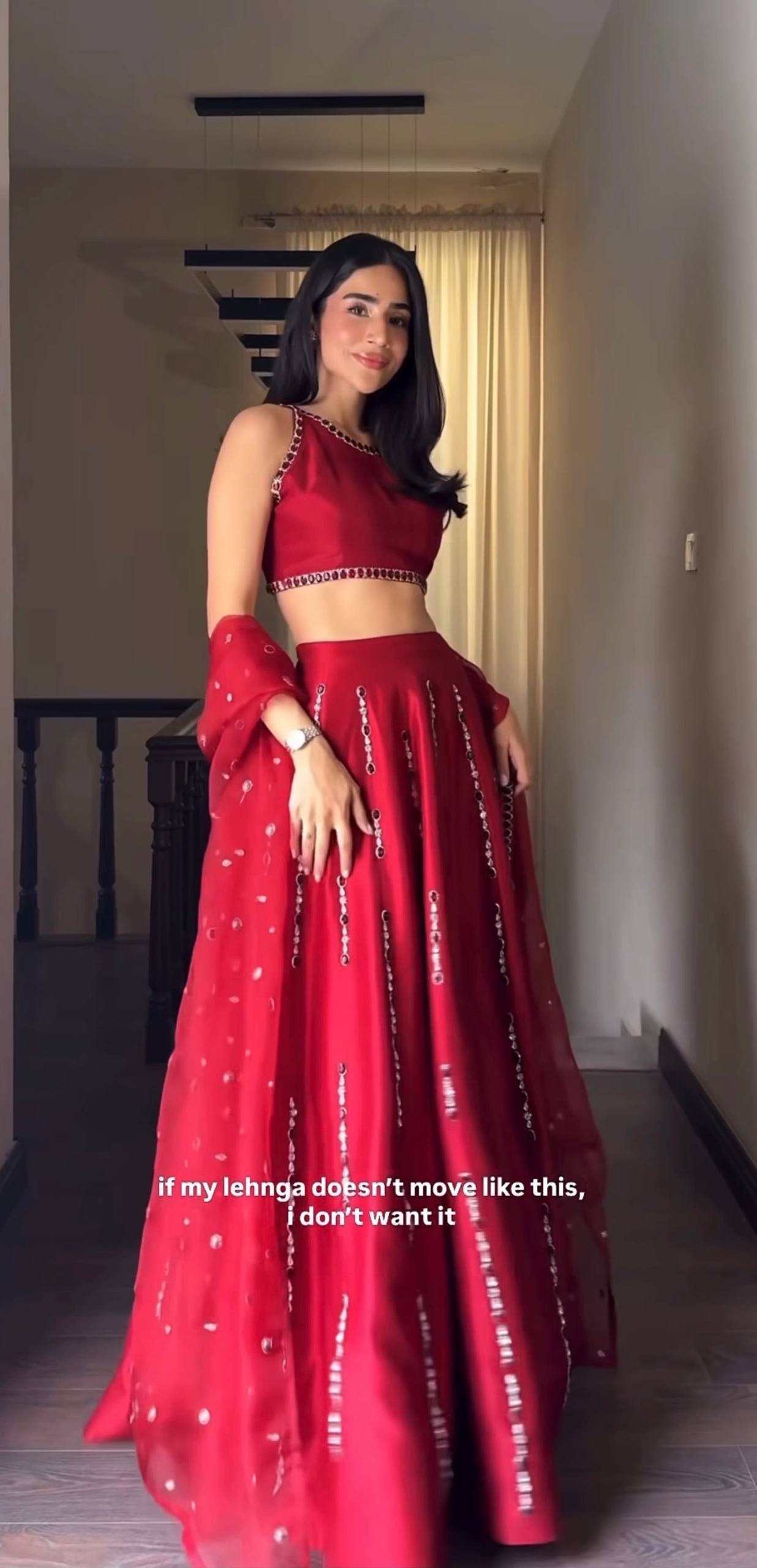 Red Satin Silk Mirror Work Lehenga