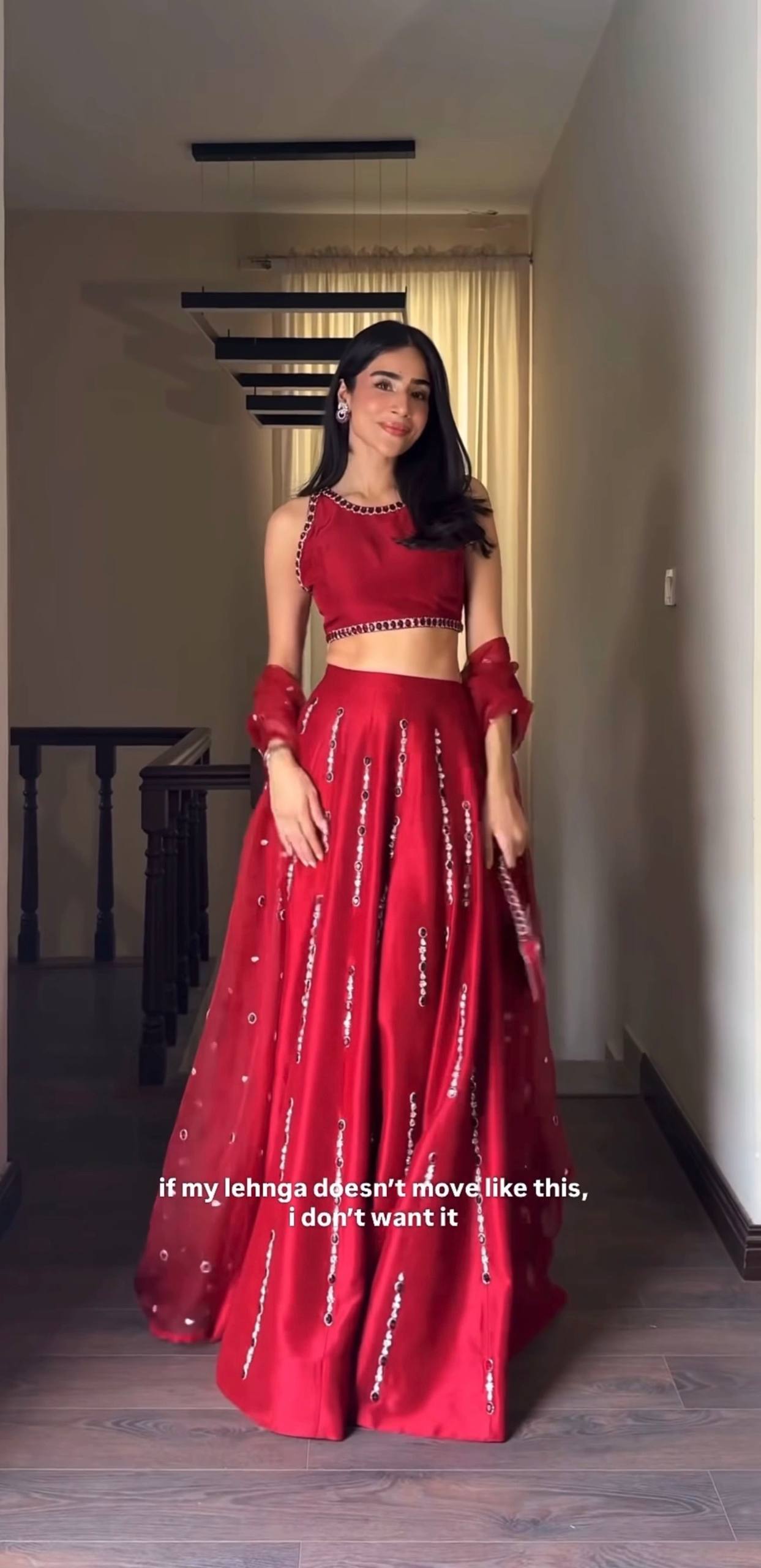 Red Satin Silk Mirror Work Lehenga