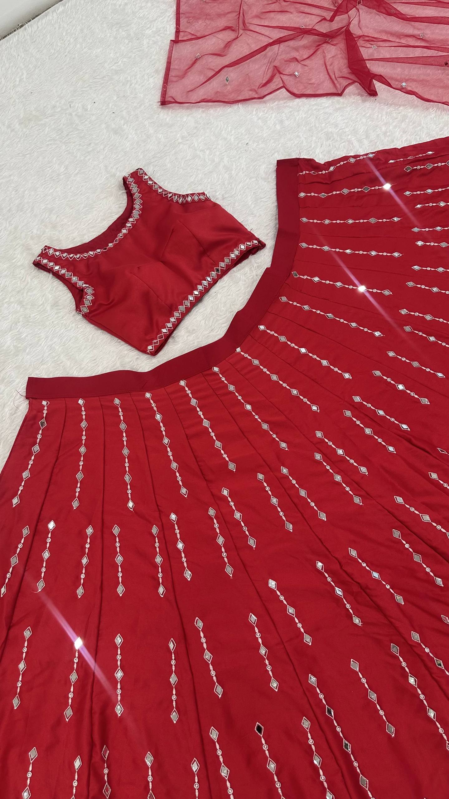 Red Satin Silk Mirror Work Lehenga