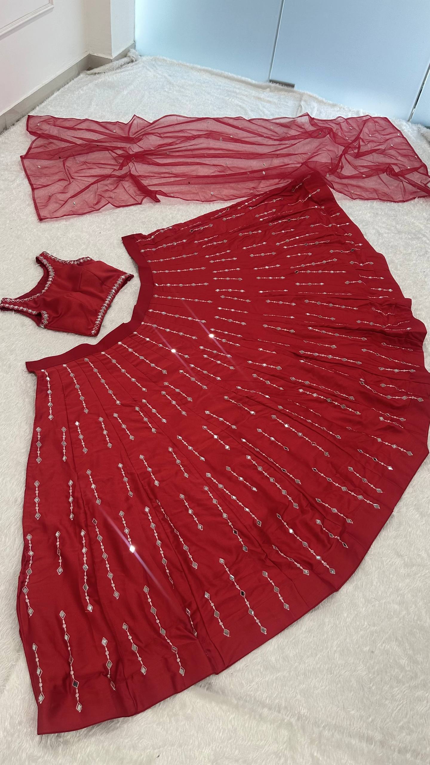 Red Satin Silk Mirror Work Lehenga