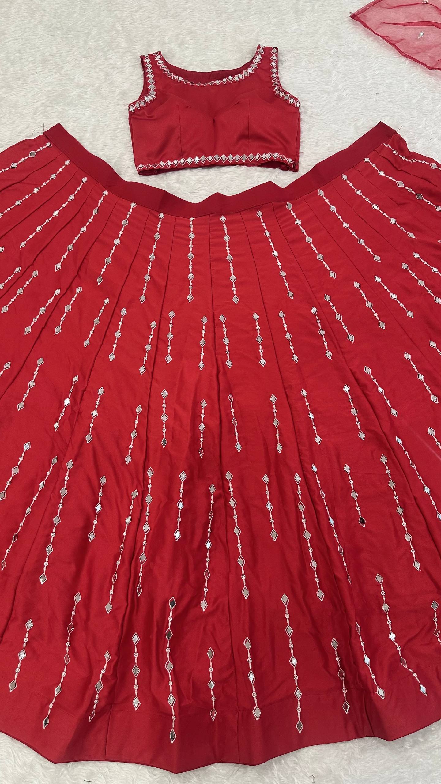 Red Satin Silk Mirror Work Lehenga