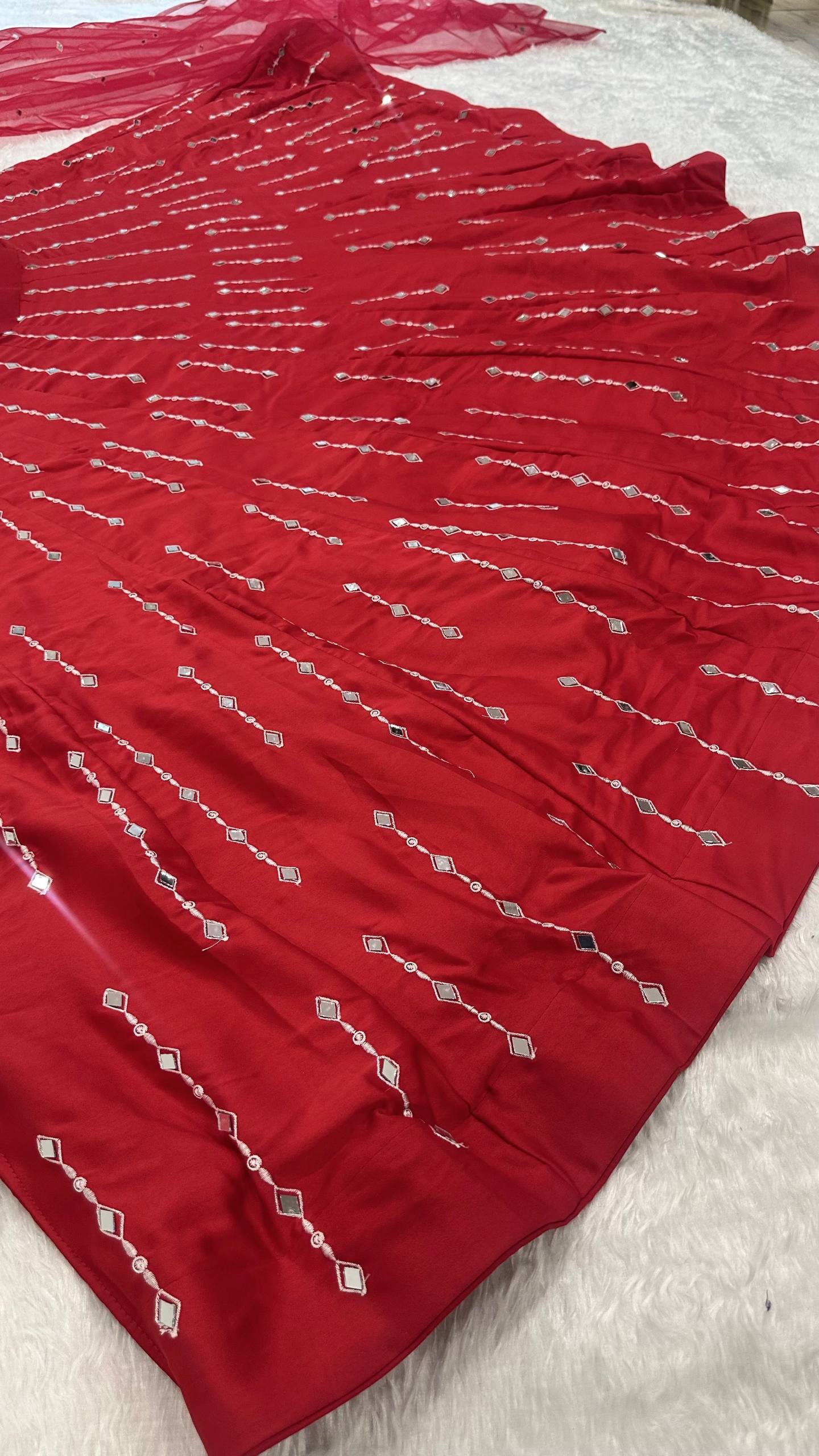 Red Satin Silk Mirror Work Lehenga