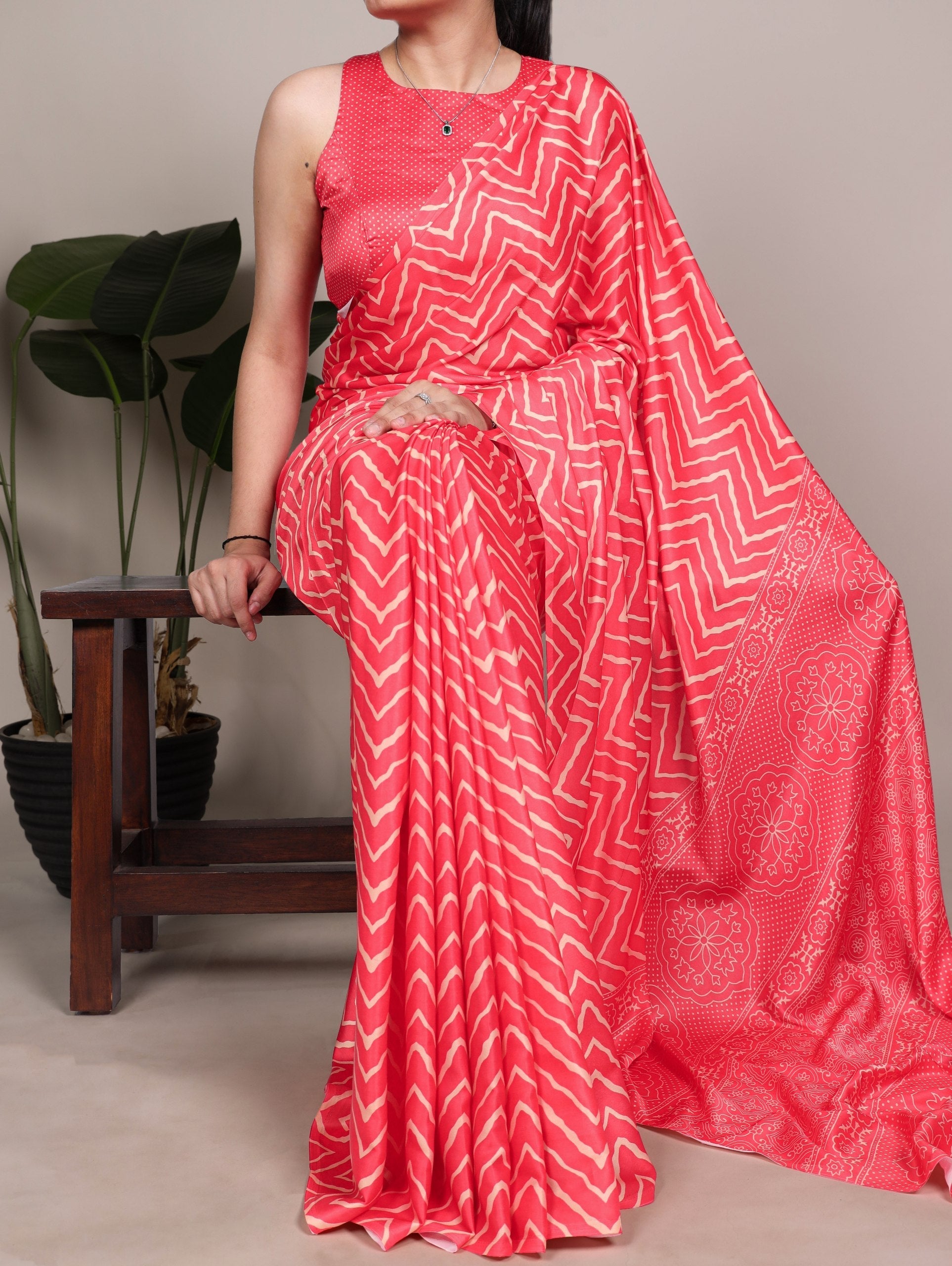 Red Satin Silk Printed Saree