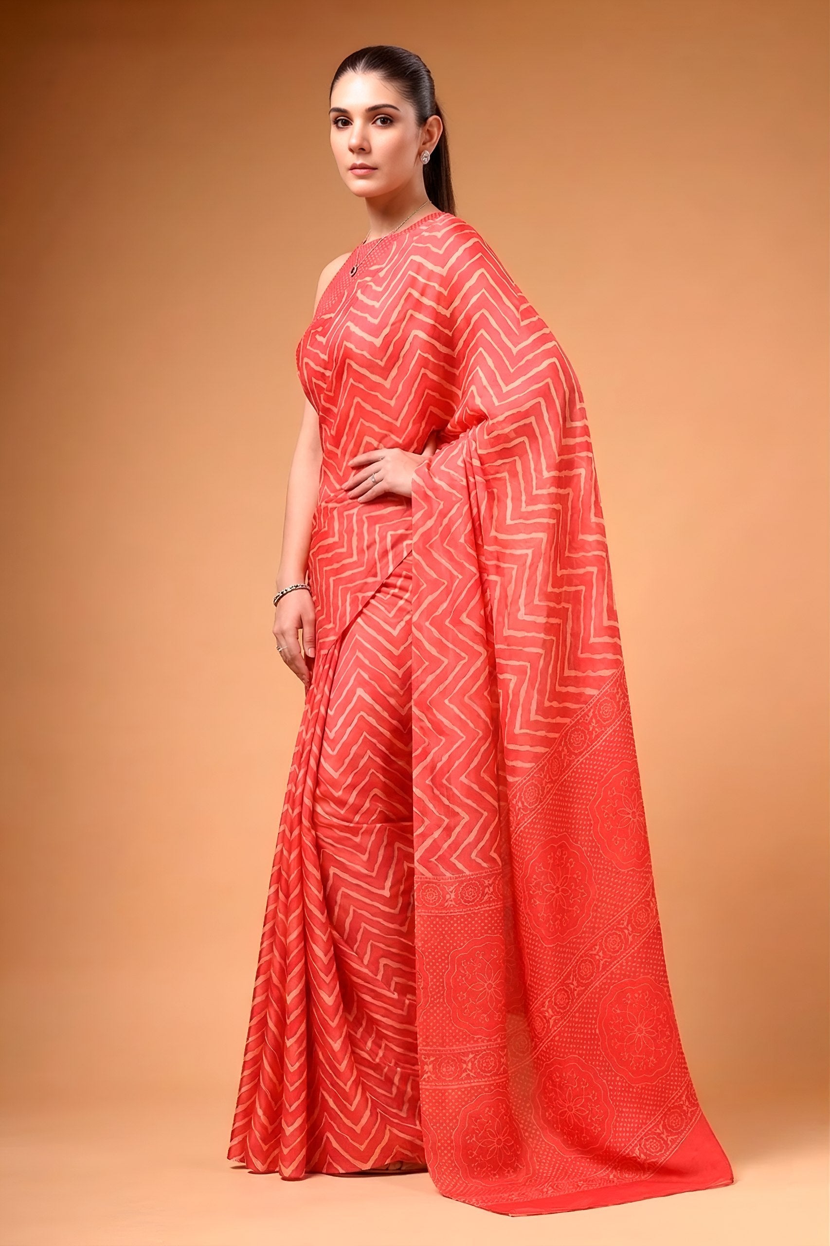 Red Satin Silk Printed Saree