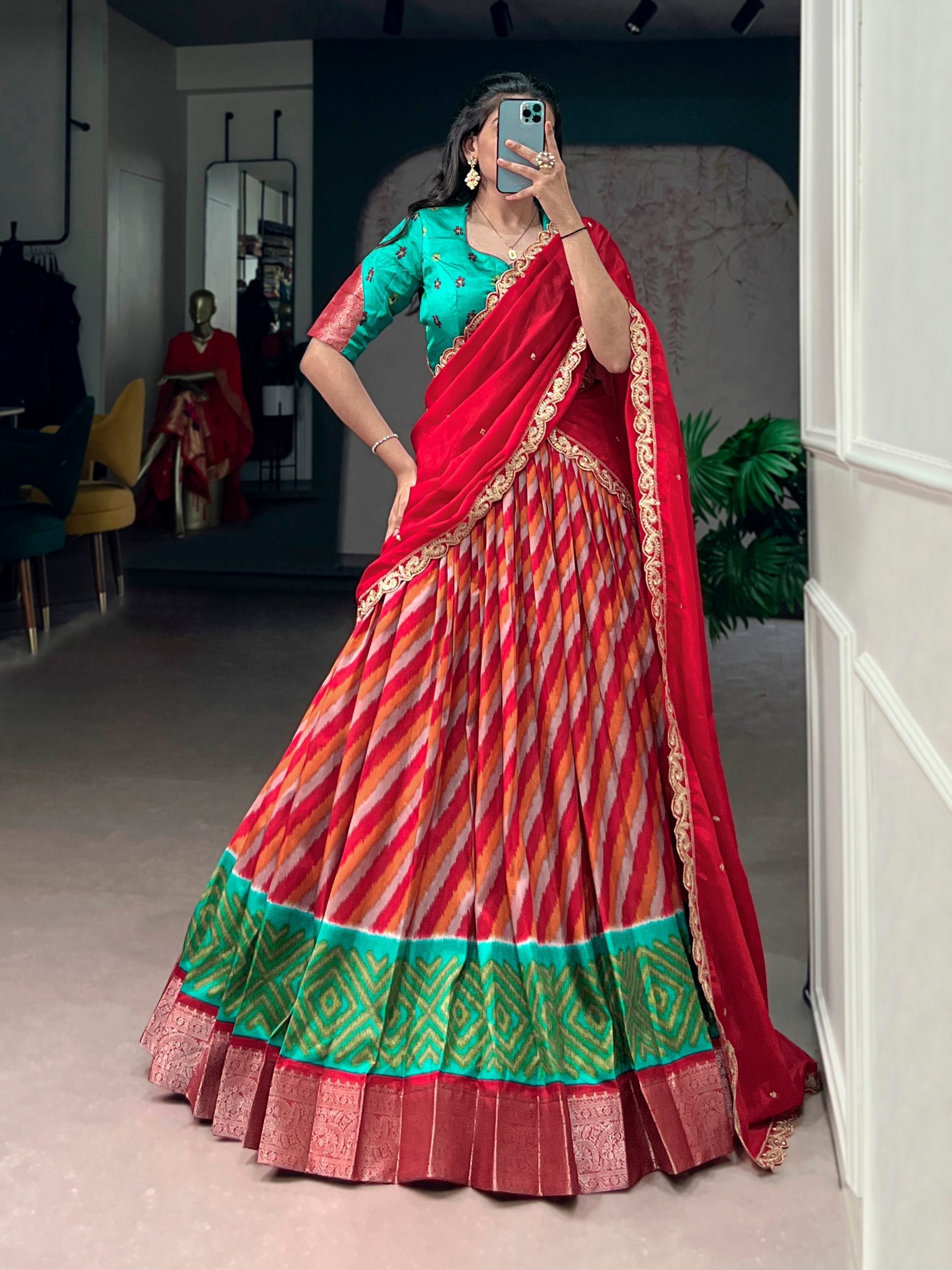 Red Silk Leheriya Print Lehenga Choli