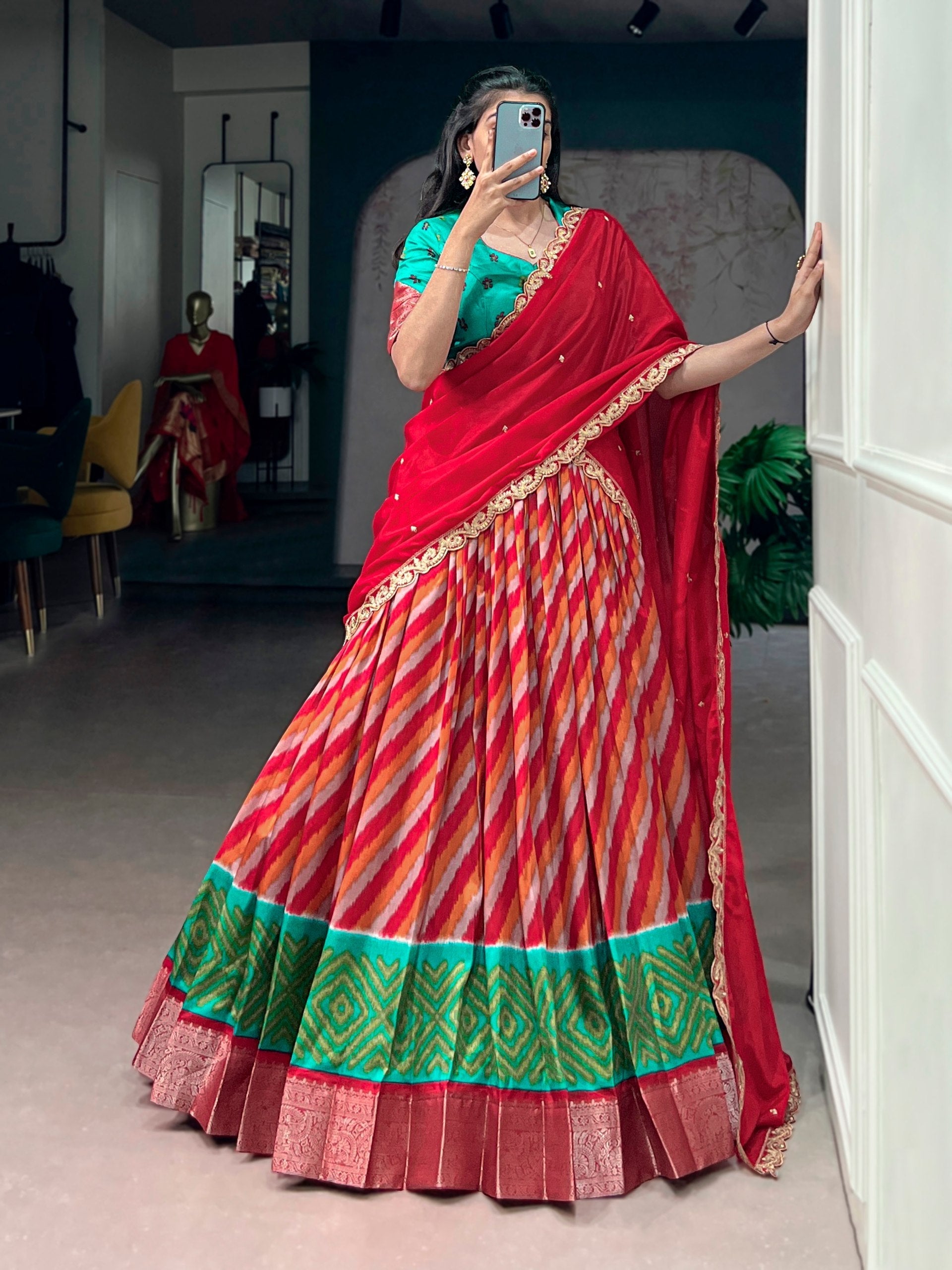 Red Silk Leheriya Print Lehenga Choli