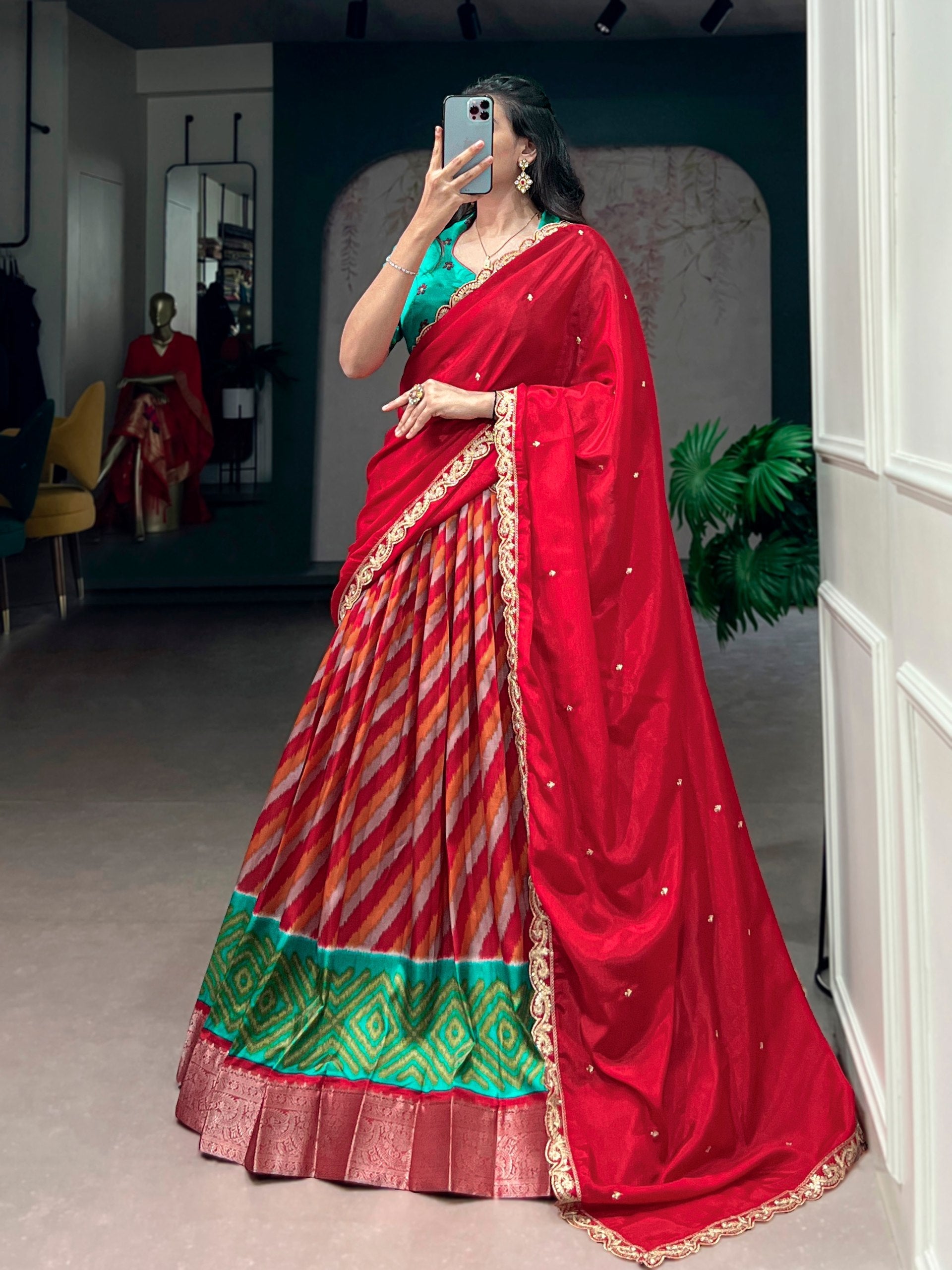 Red Silk Leheriya Print Lehenga Choli