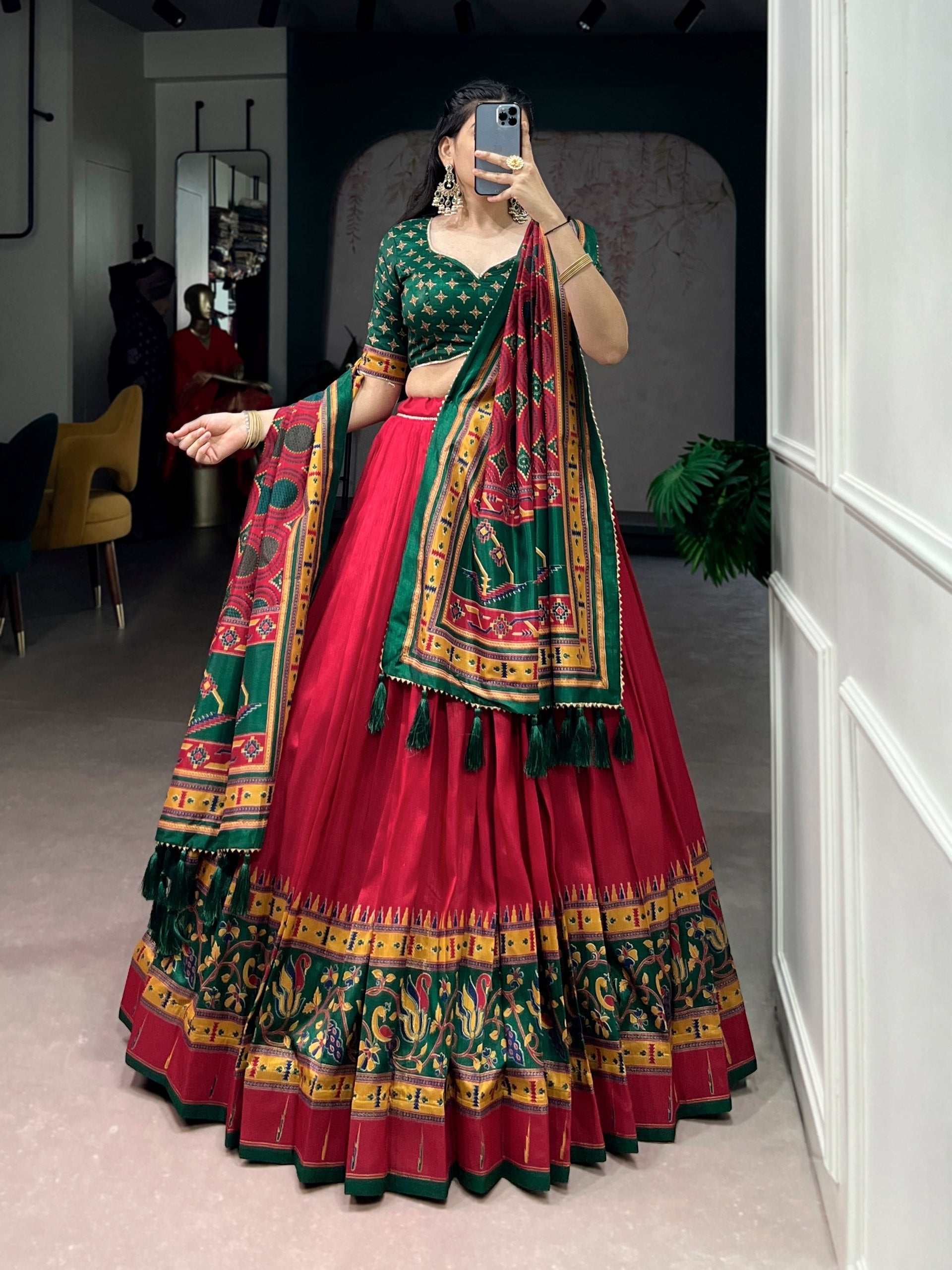 Red Silk Printed Lehenga Set