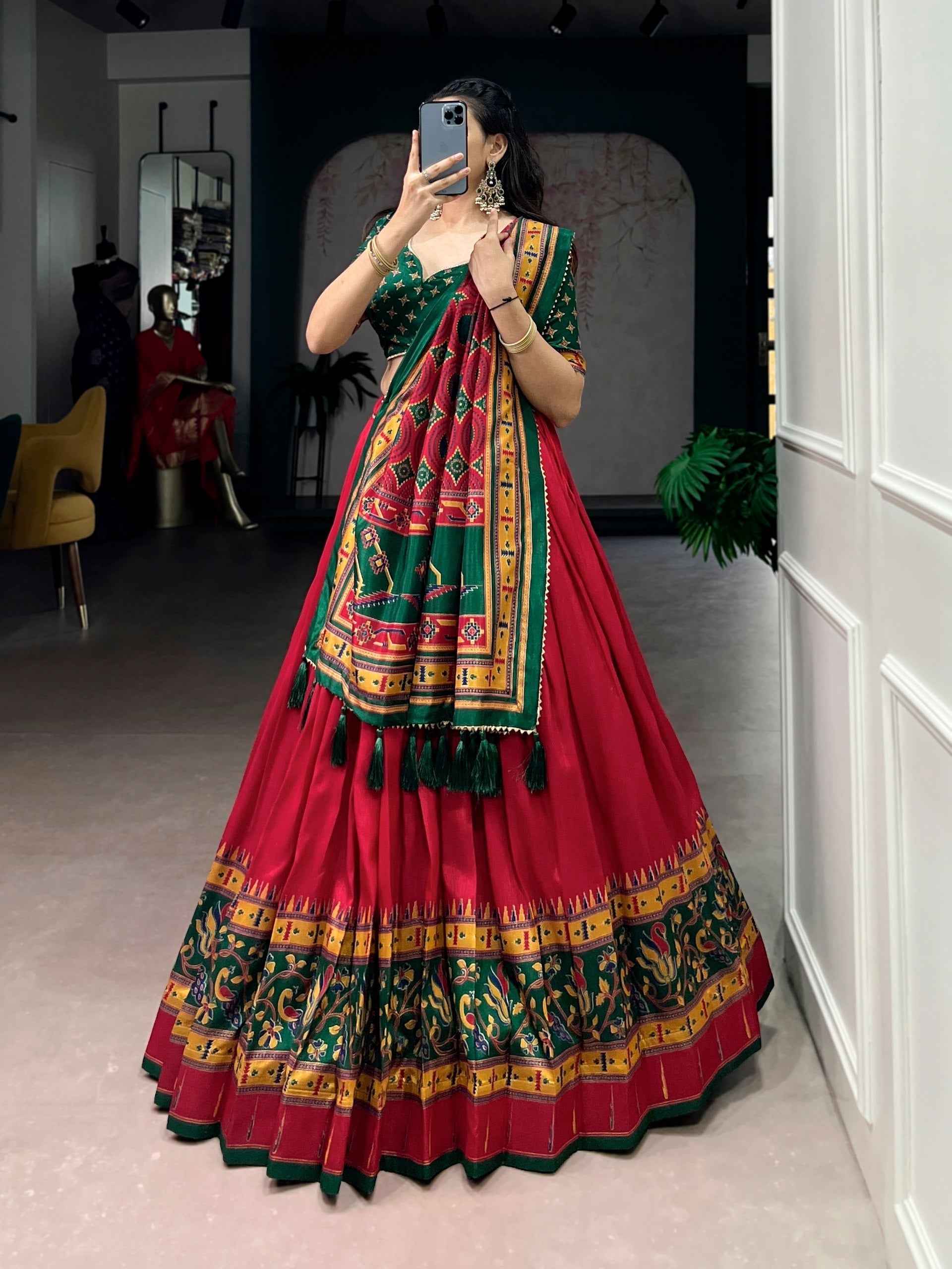 Red Silk Printed Lehenga Set