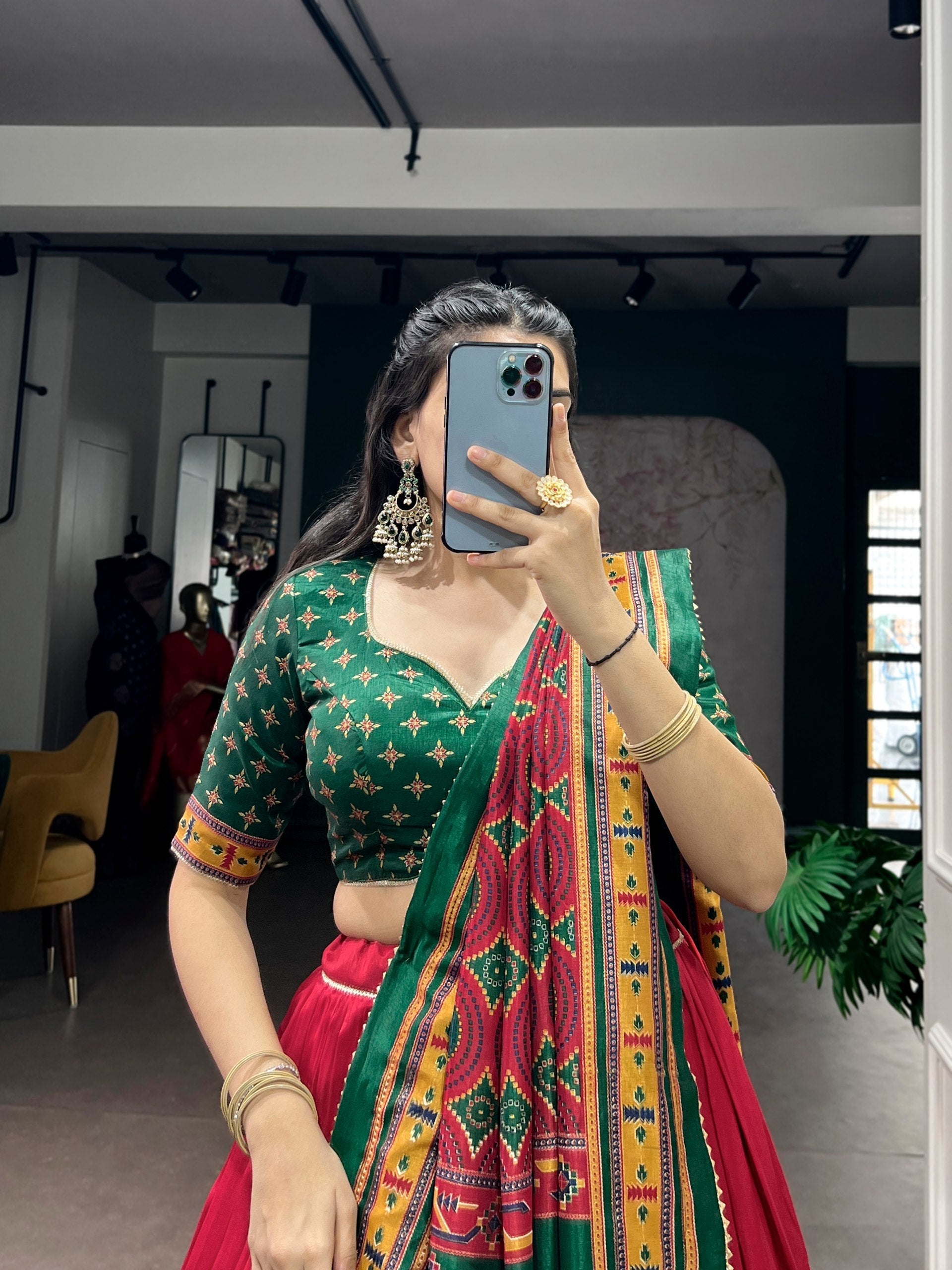 Red Silk Printed Lehenga Set