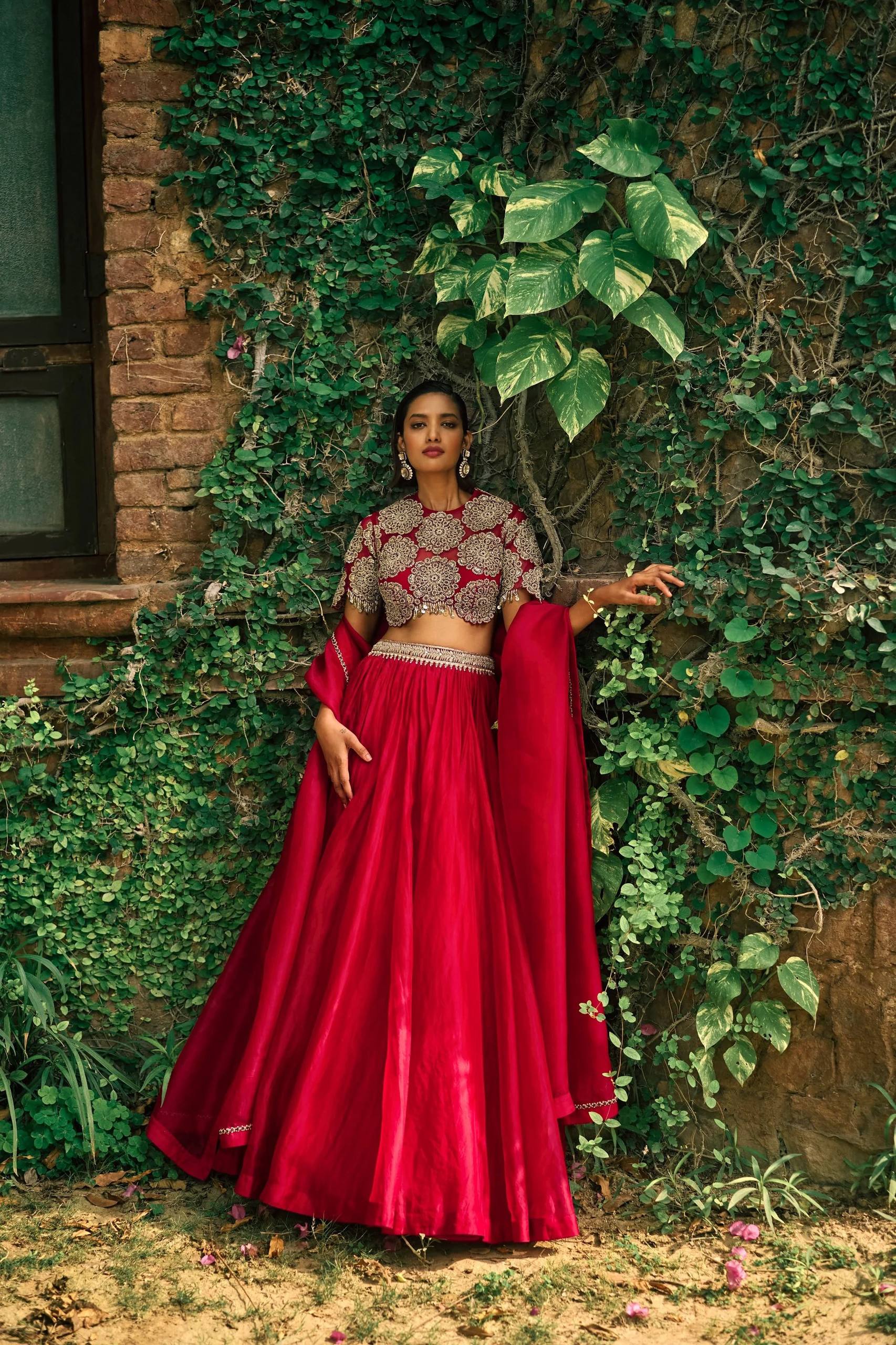 Red Silk Sequins & Dori Work Lehenga Set