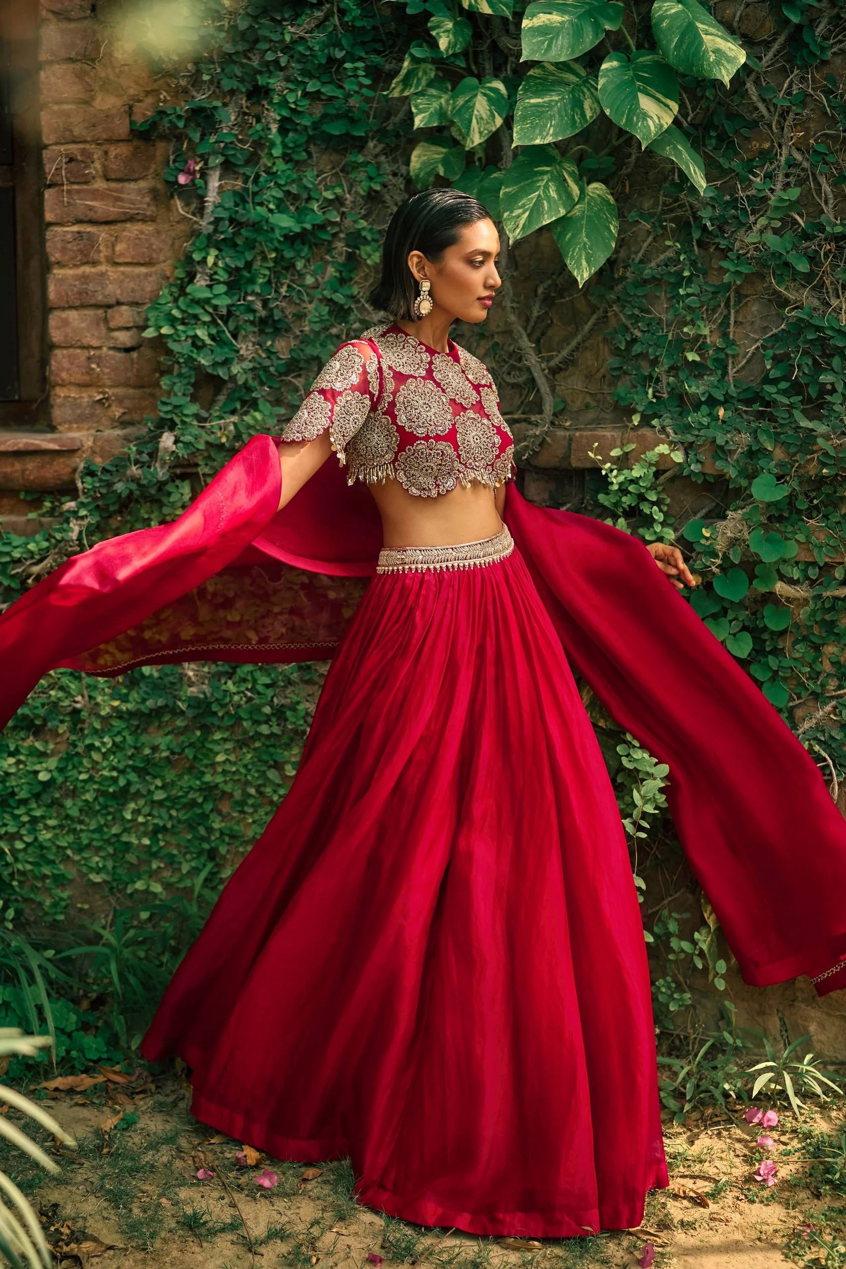 Red Silk Sequins & Dori Work Lehenga Set