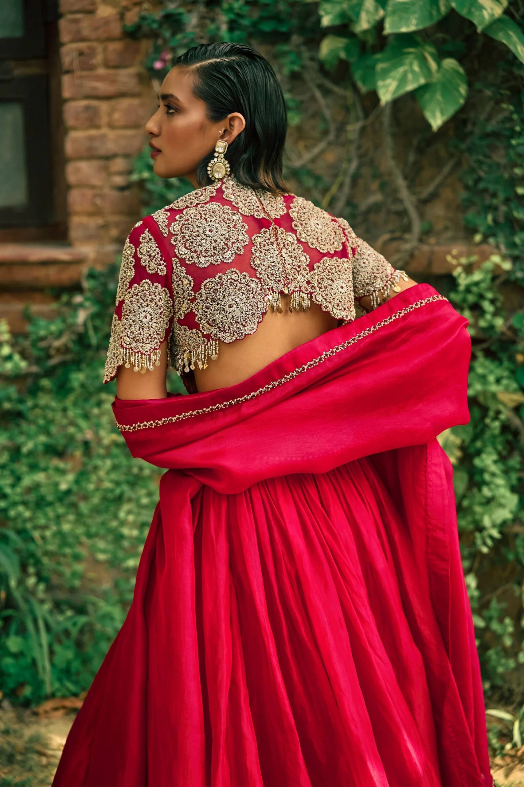 Red Silk Sequins & Dori Work Lehenga Set