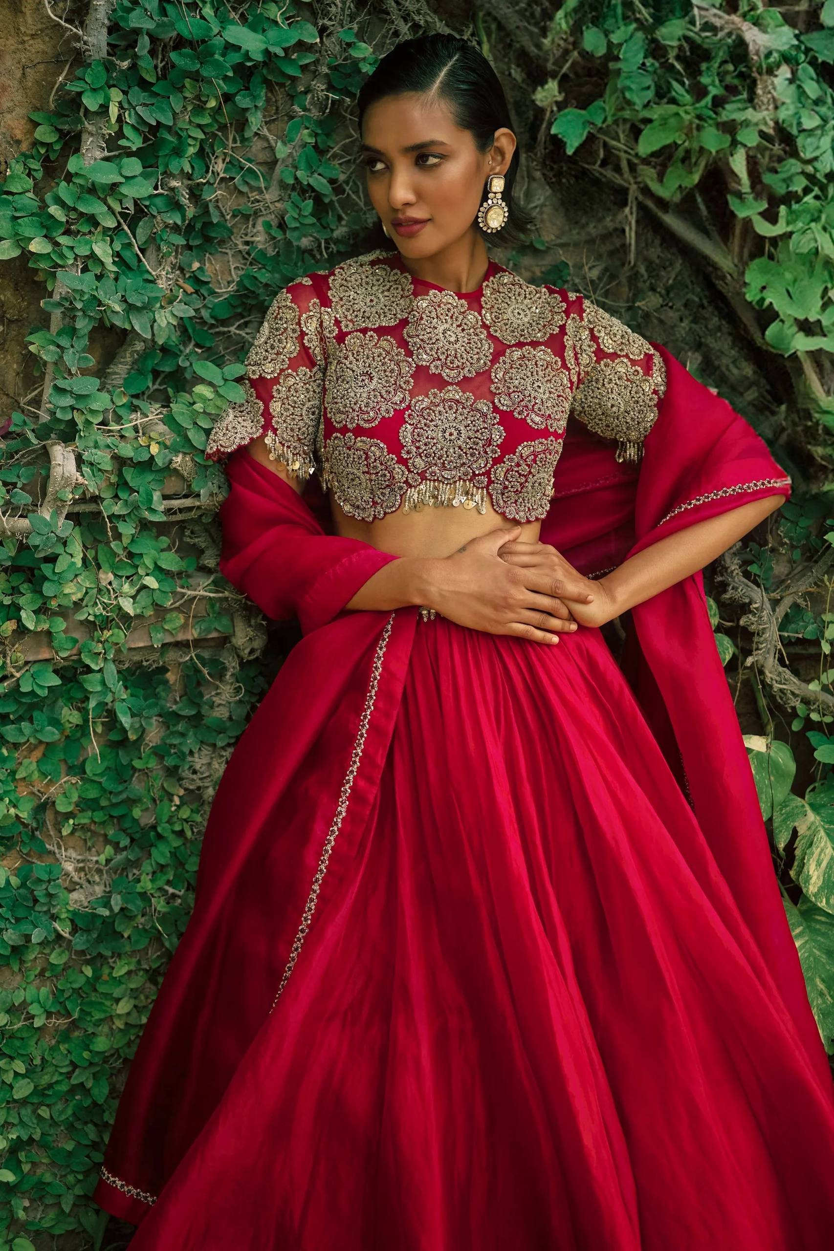 Red Silk Sequins & Dori Work Lehenga Set