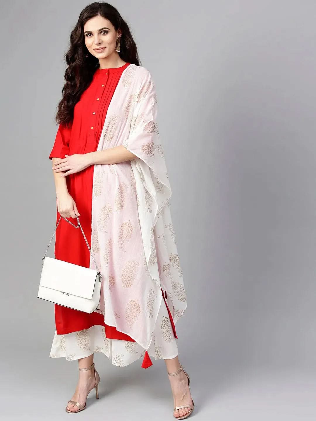 Anouk Red Solid Rayon Straight Kurta With Palazzos & Stole