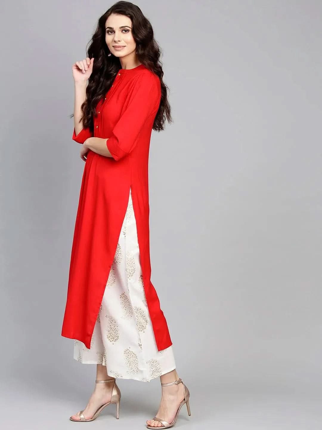 Anouk Red Solid Rayon Straight Kurta With Palazzos & Stole