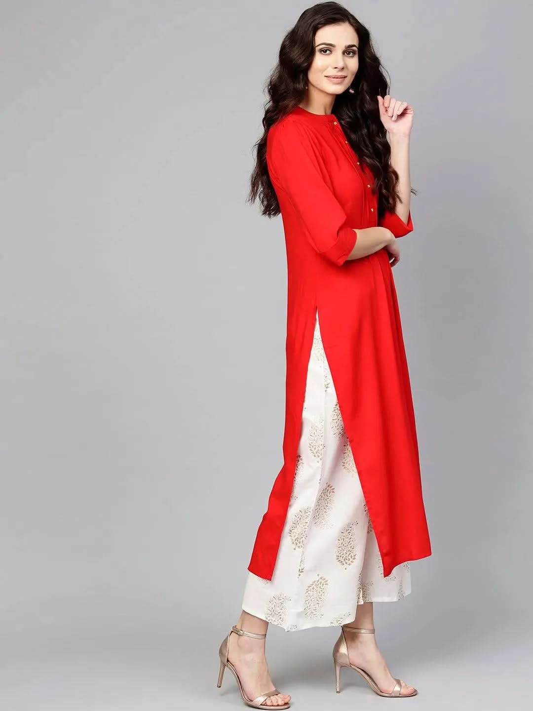Anouk Red Solid Rayon Straight Kurta With Palazzos & Stole