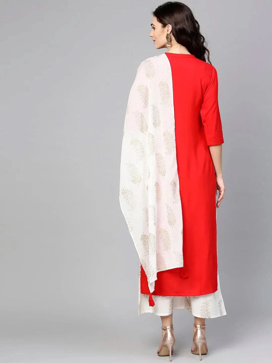 Anouk Red Solid Rayon Straight Kurta With Palazzos & Stole