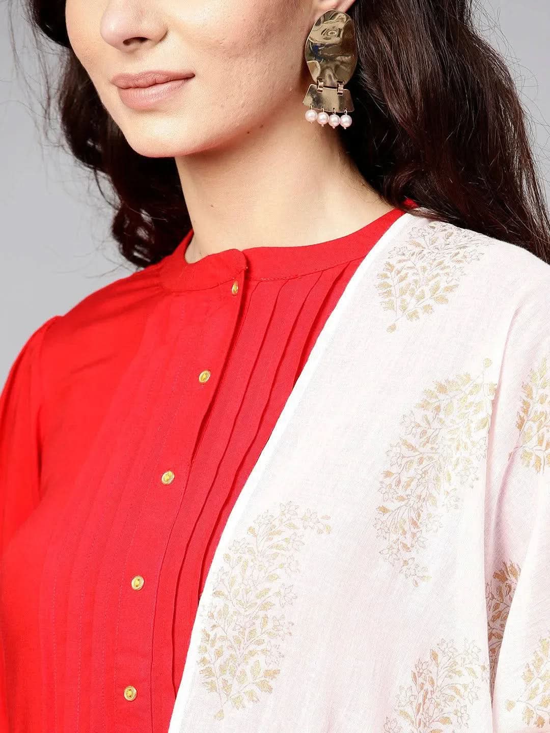 Anouk Red Solid Rayon Straight Kurta With Palazzos & Stole