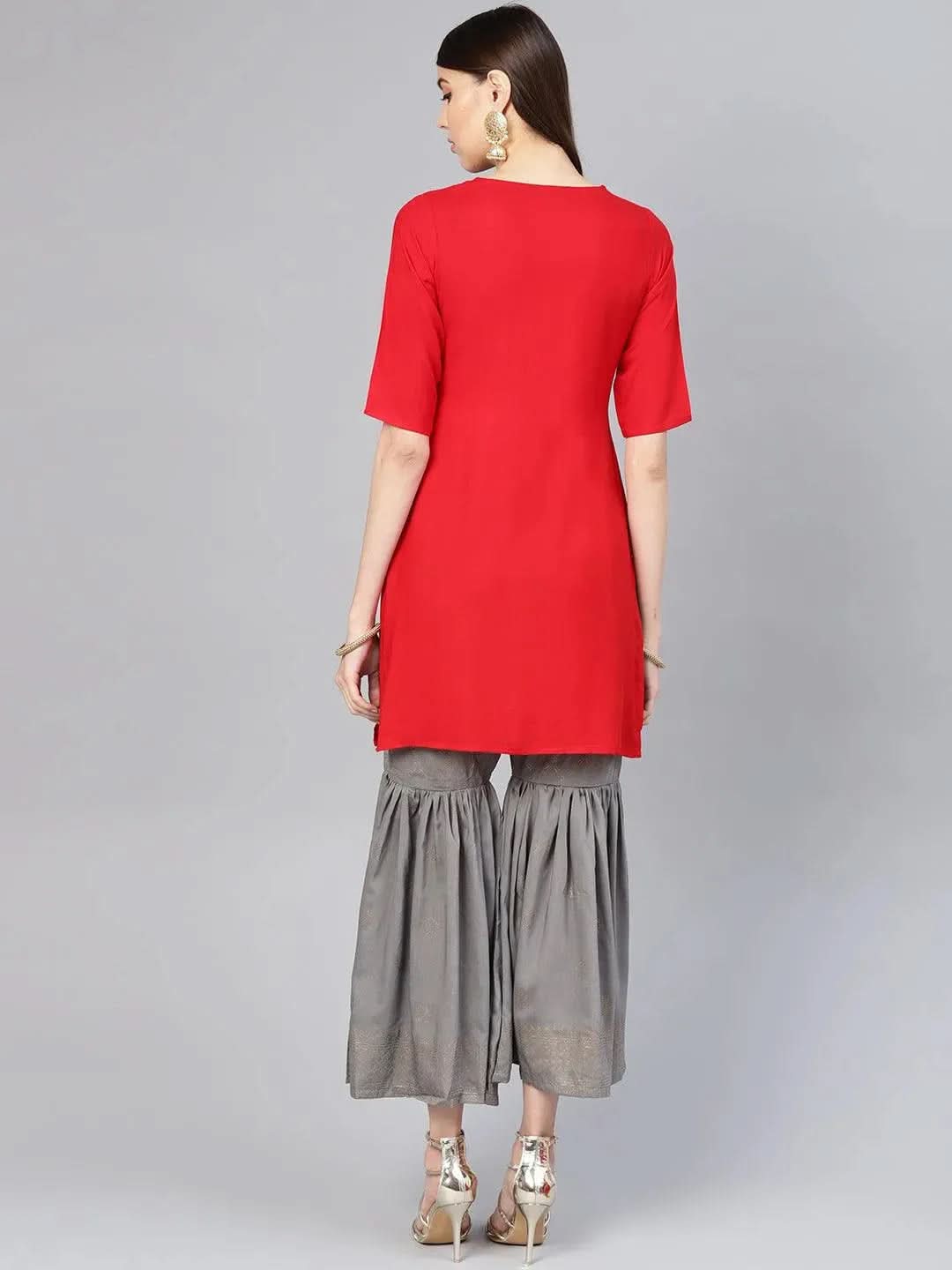 Anouk Red Solid Rayon Straight Kurta With Sharara
