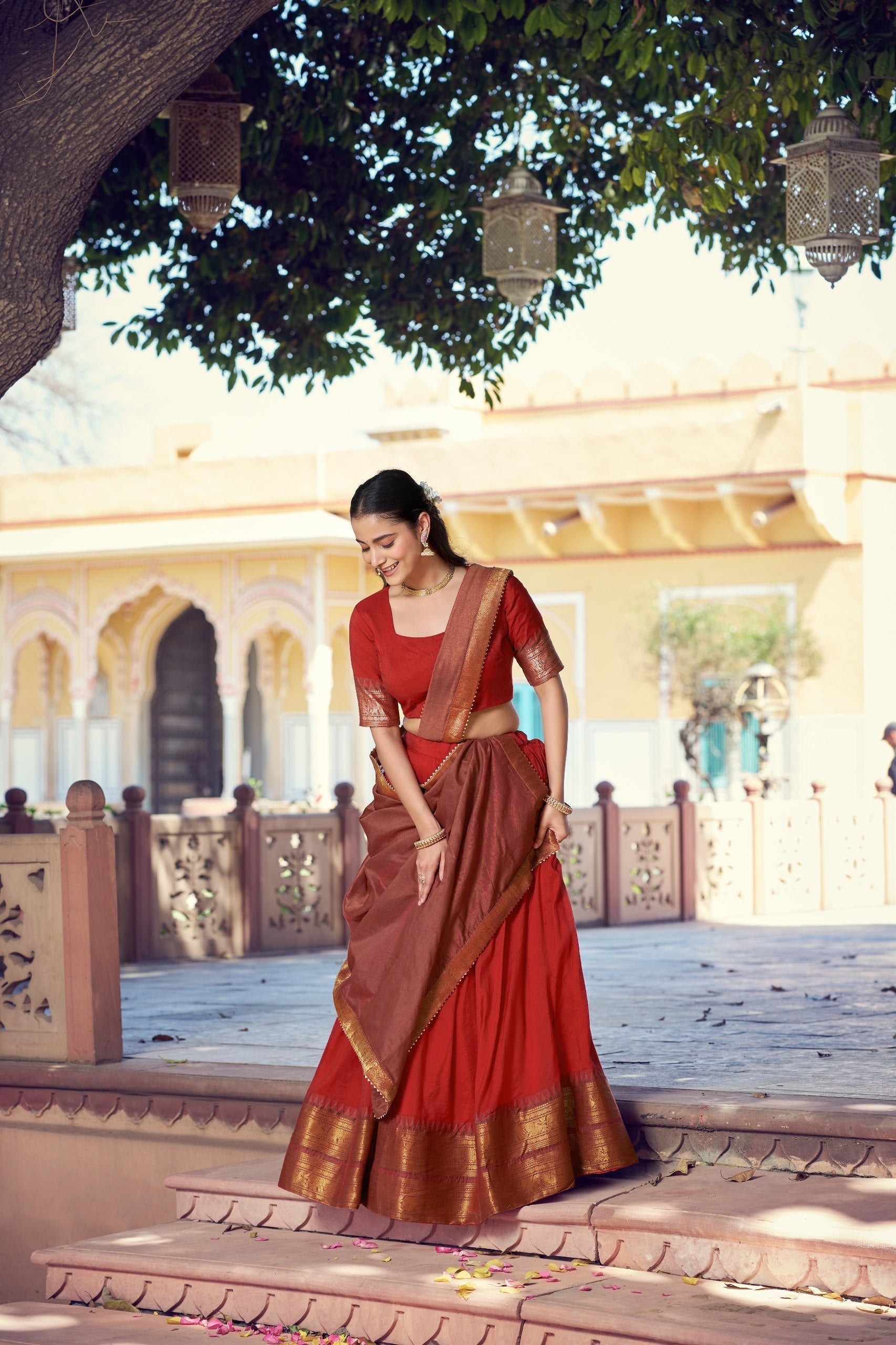 Red South Indian Zari Border Lehenga Set