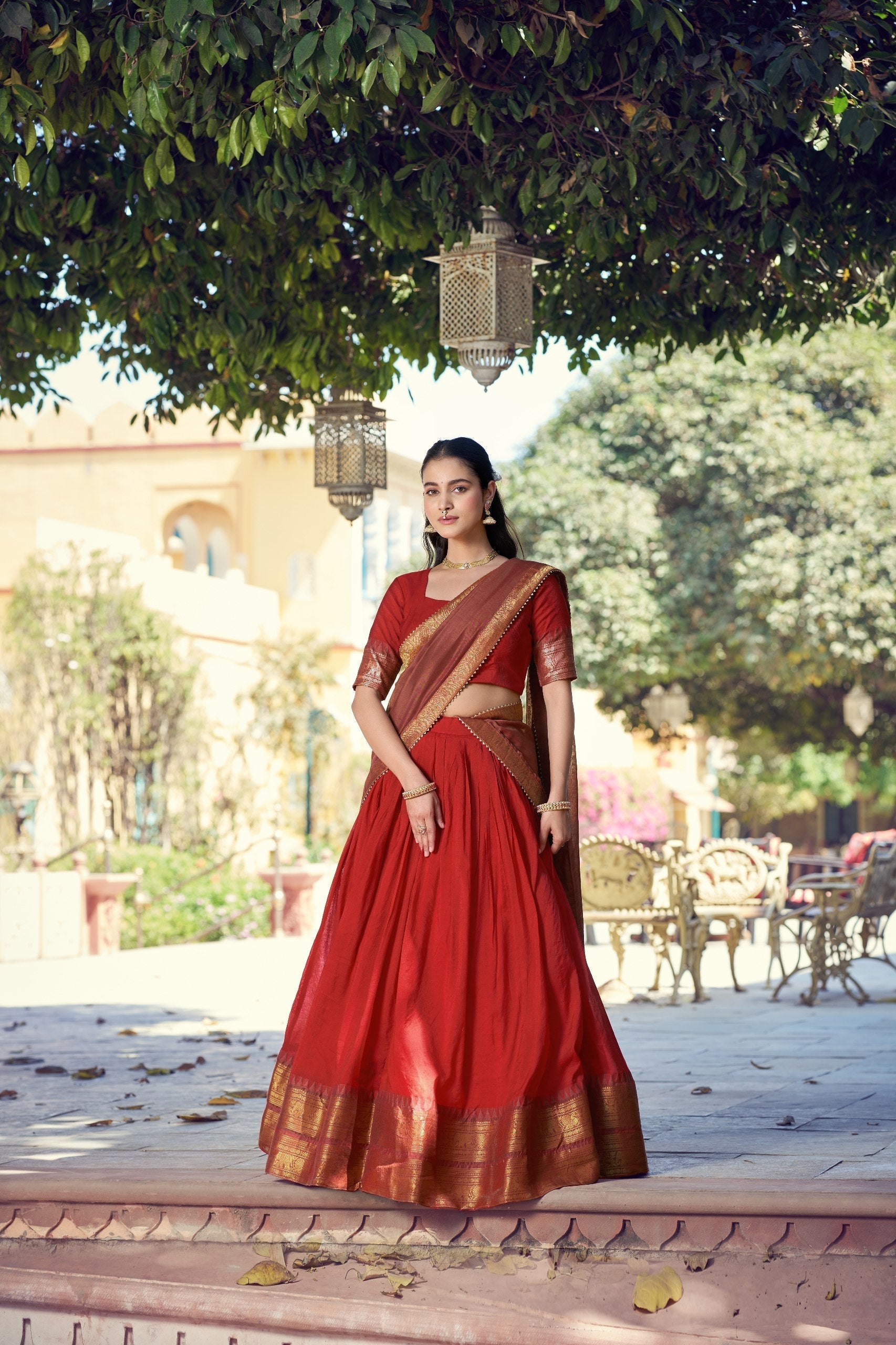 Red South Indian Zari Border Lehenga Set