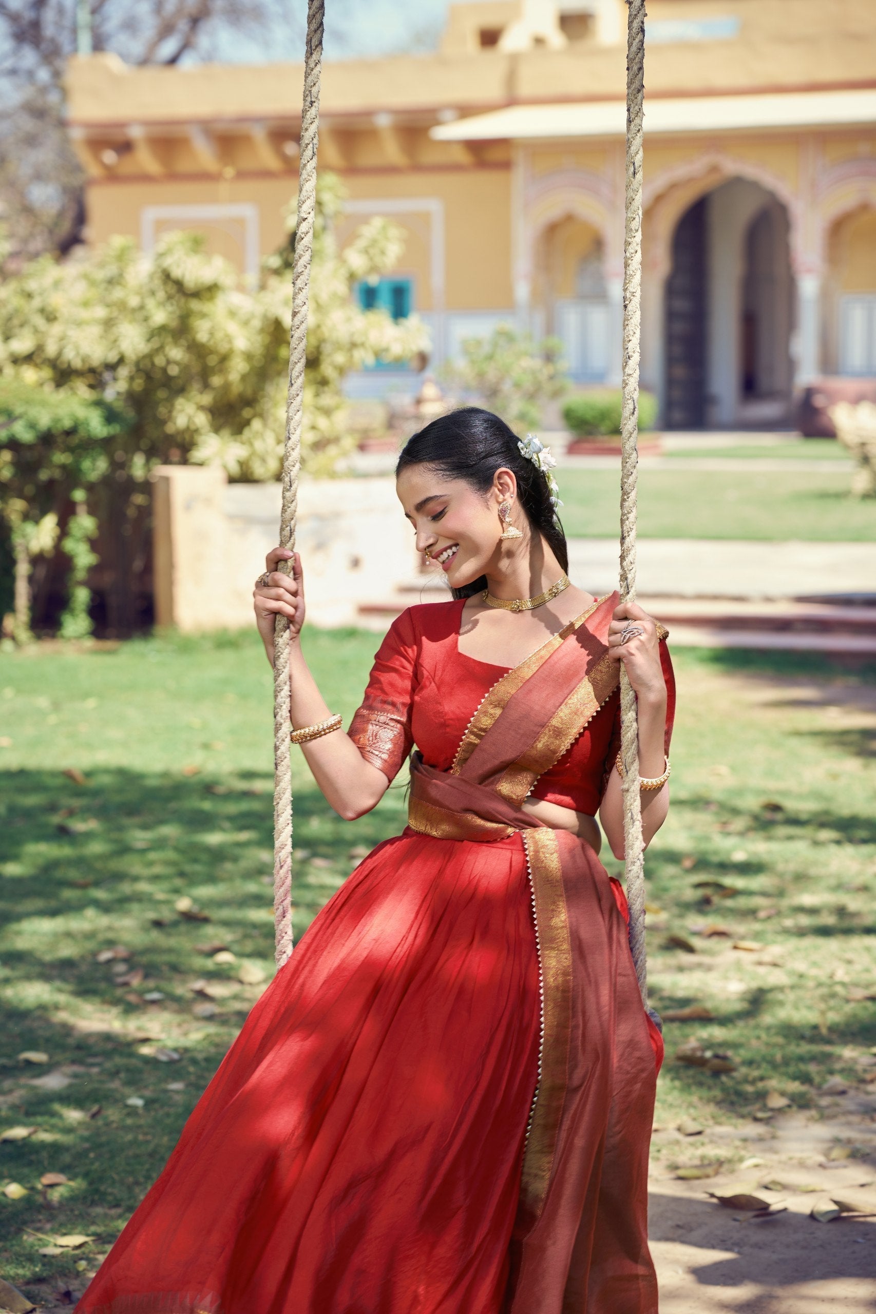 Red South Indian Zari Border Lehenga Set