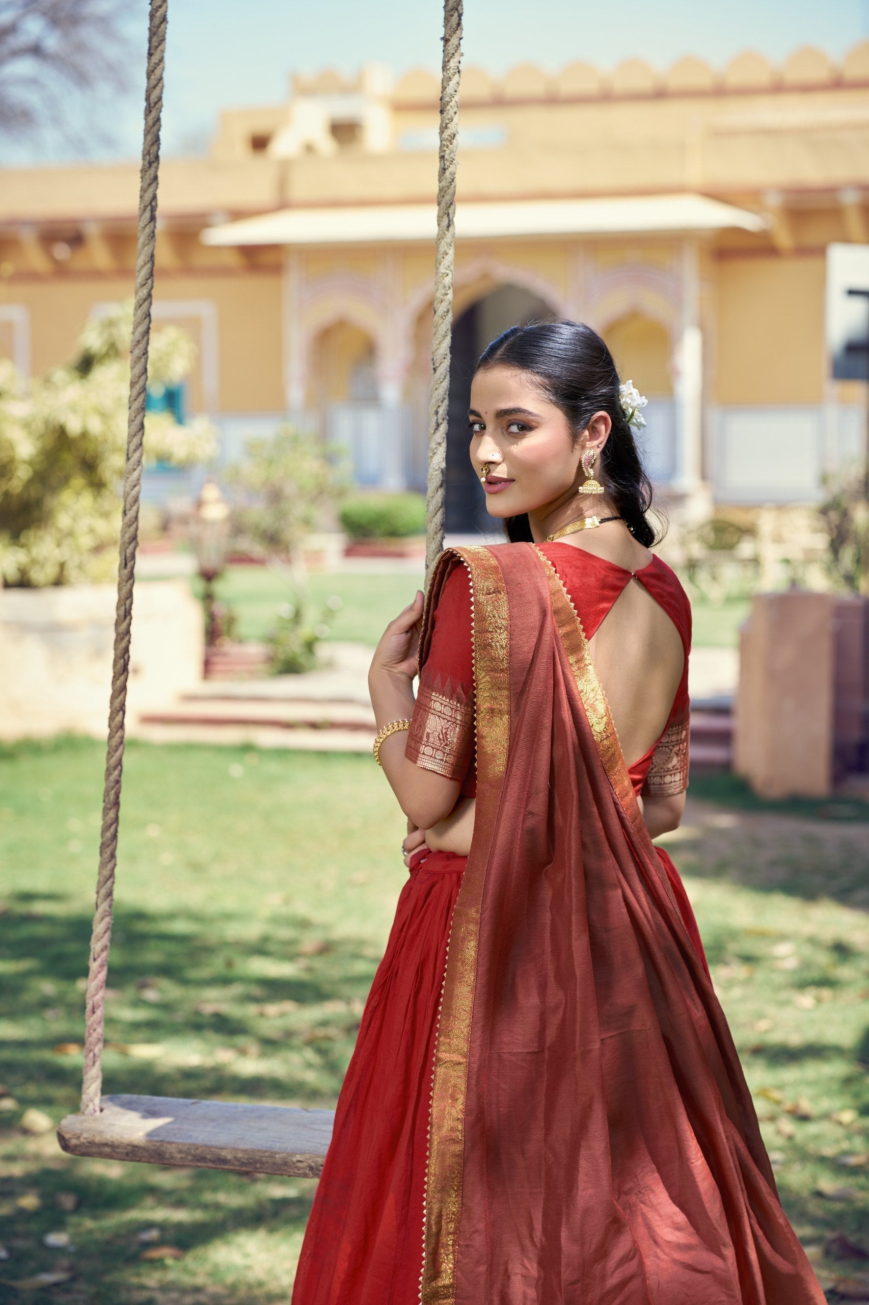 Red South Indian Zari Border Lehenga Set