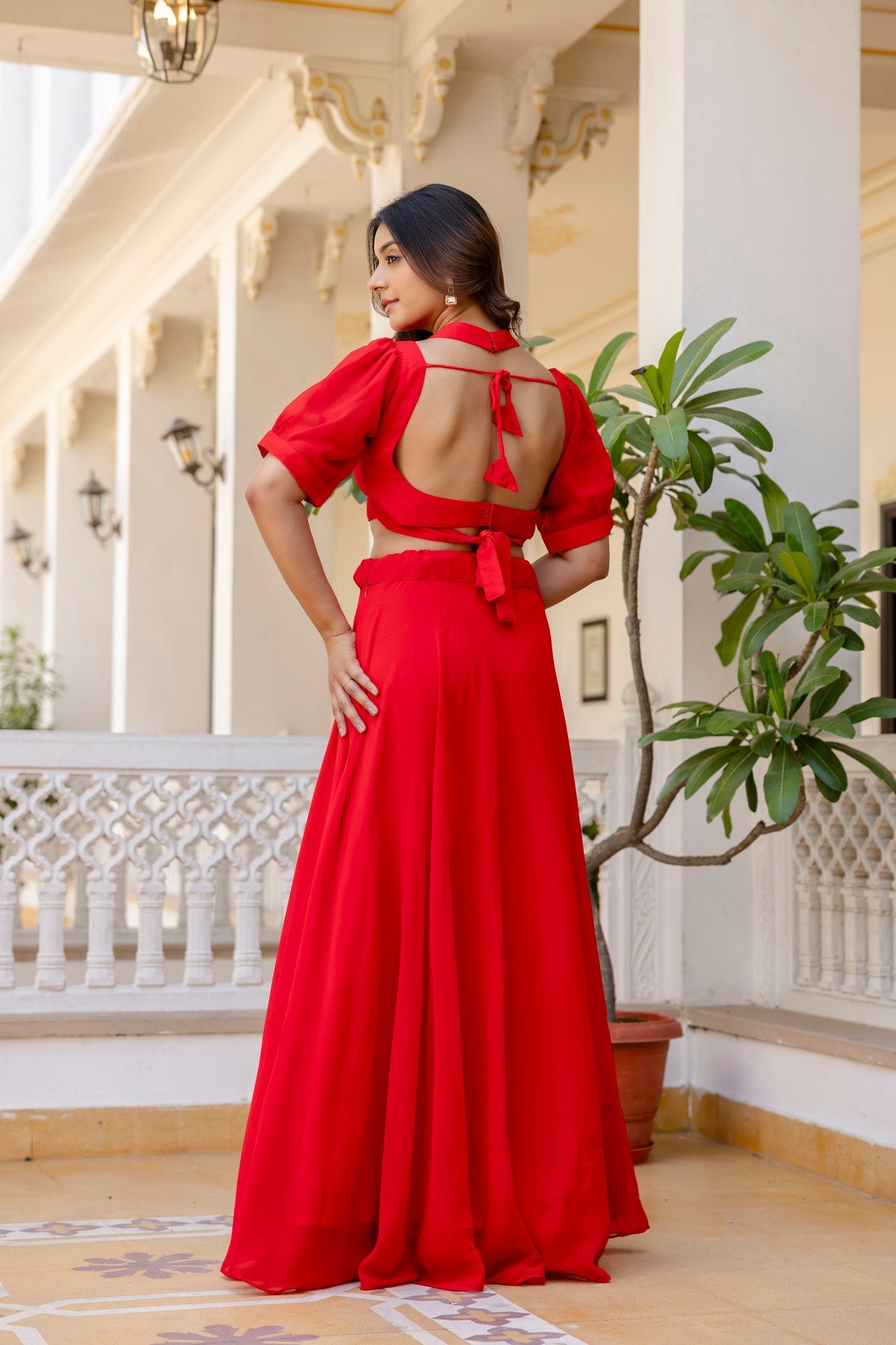 Red Stylish Plain Georgette Lehenga Set with Fancy Neck & Back Design Blouse