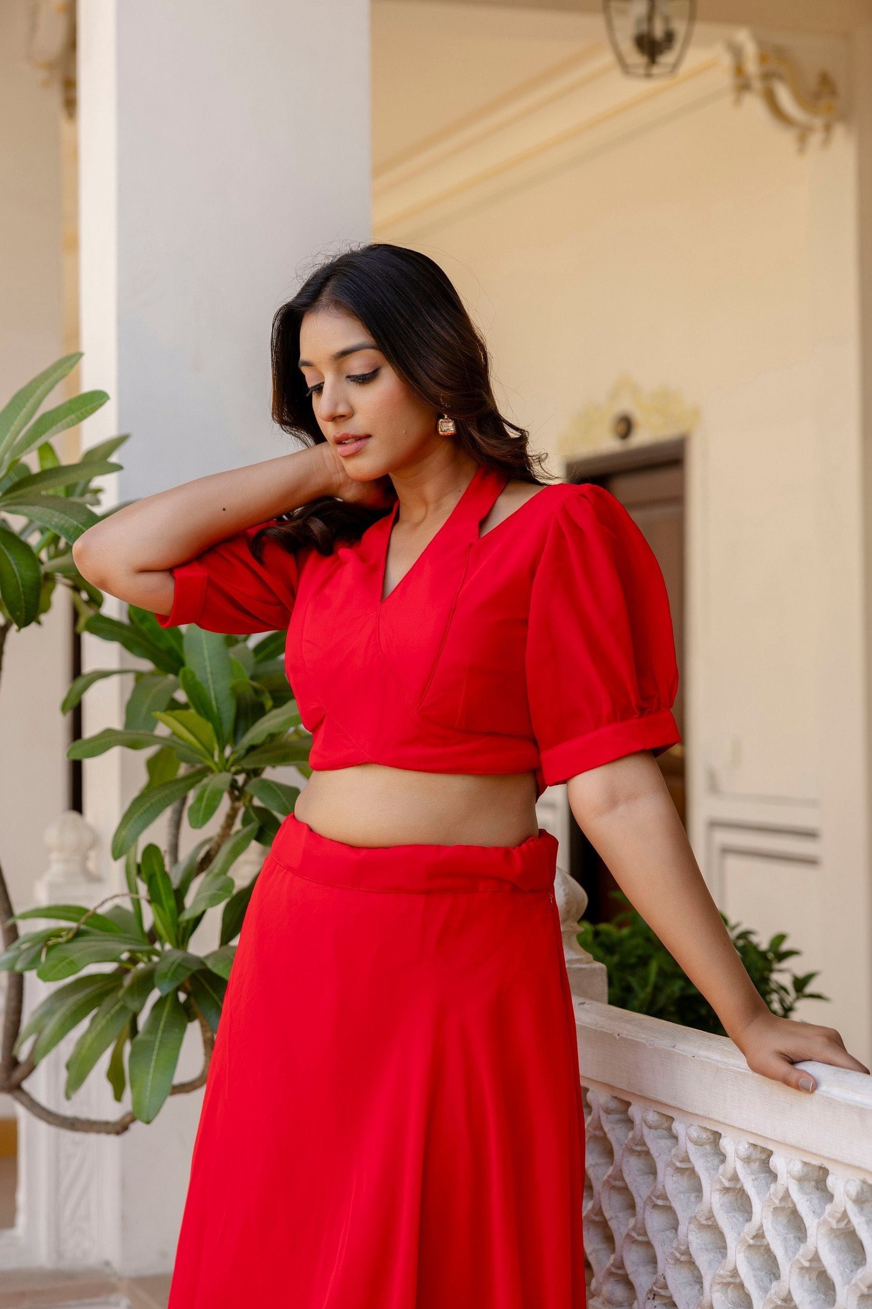 Red Stylish Plain Georgette Lehenga Set with Fancy Neck & Back Design Blouse
