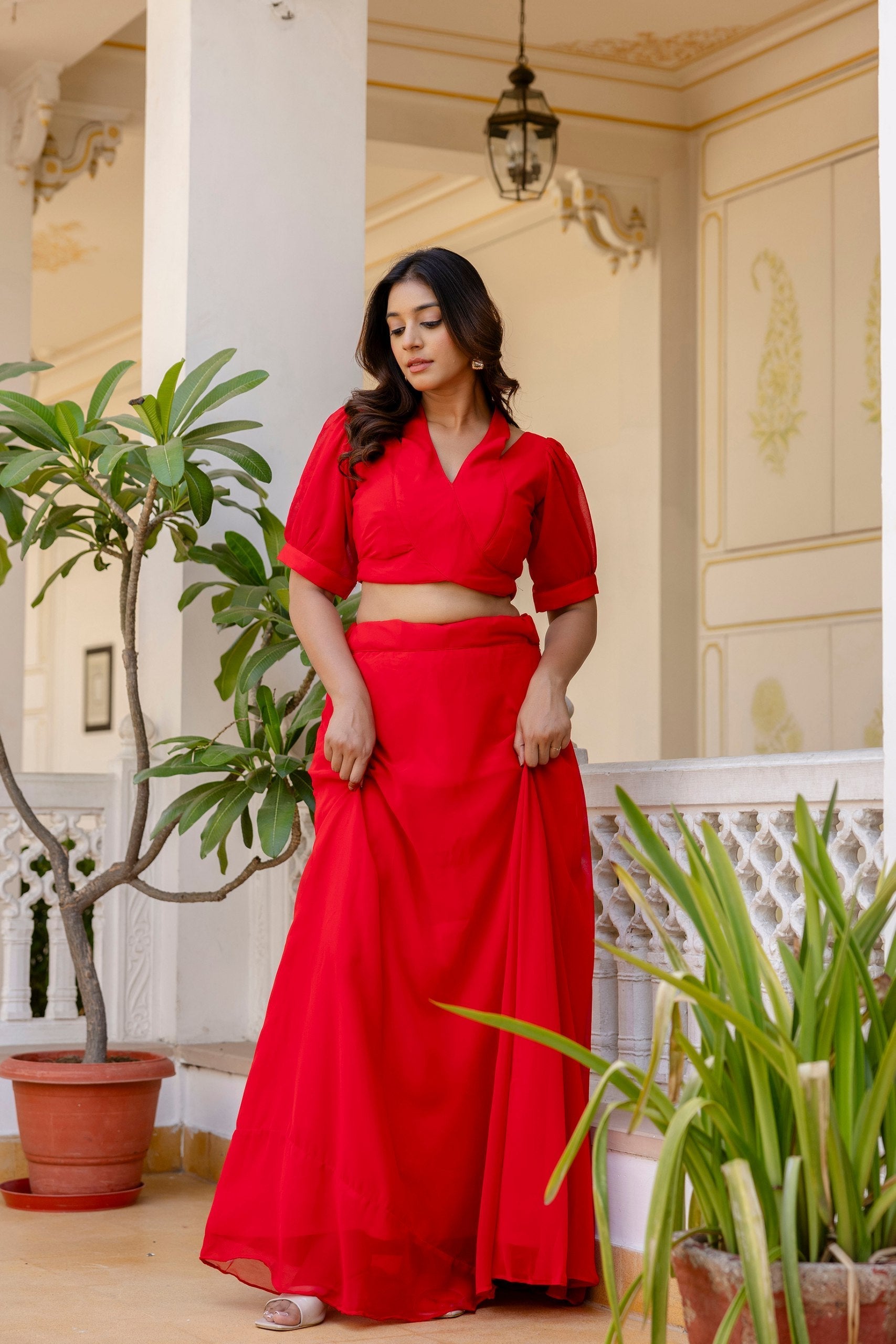 Red Stylish Plain Georgette Lehenga Set with Fancy Neck & Back Design Blouse