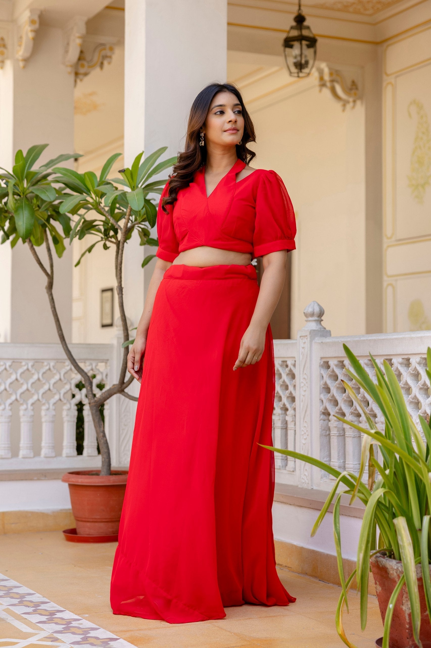 Red Stylish Plain Georgette Lehenga Set with Fancy Neck & Back Design Blouse