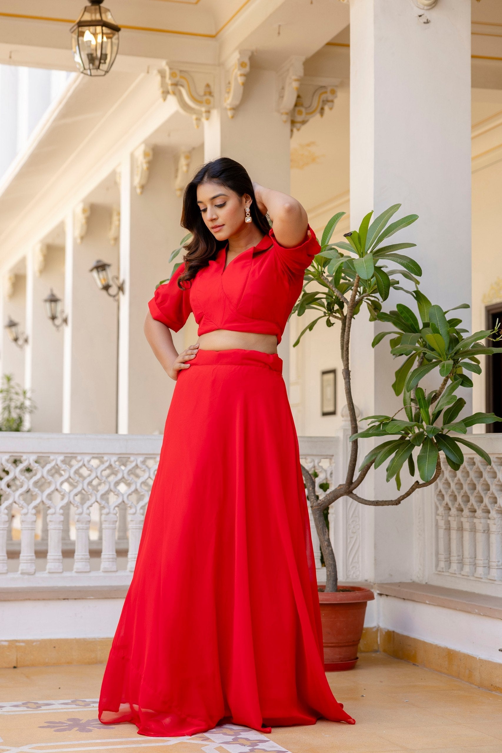Red Stylish Plain Georgette Lehenga Set with Fancy Neck & Back Design Blouse